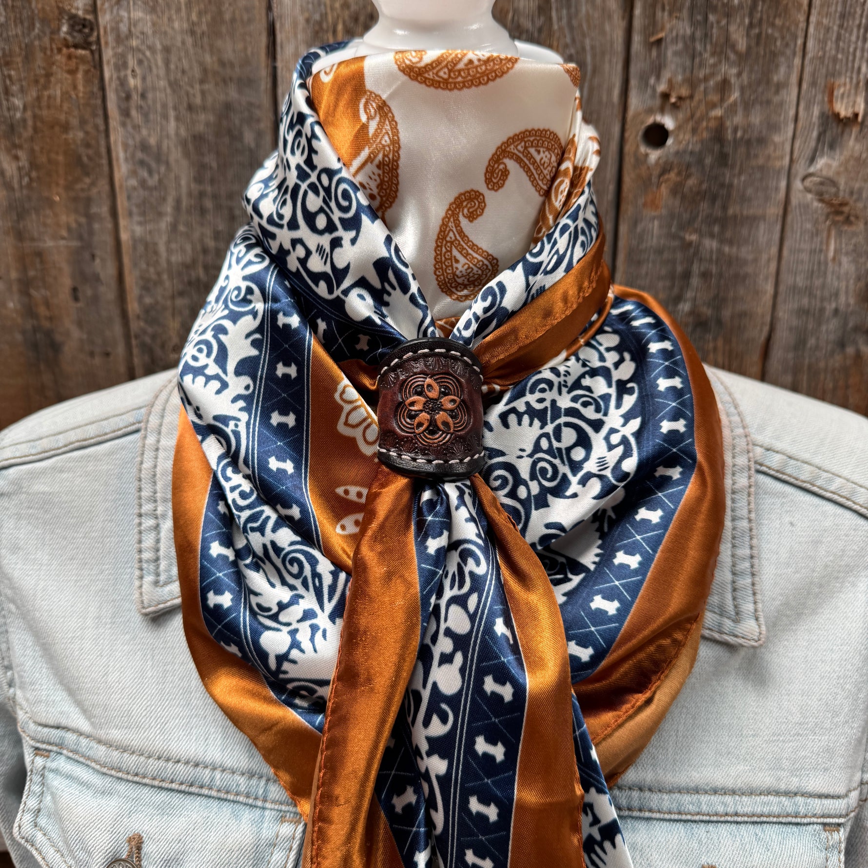 35X35" Rust & Navy Paisley Wild Rag / Scarf WR3299 - Tooled Leather Wild Rag Slides - Assorted