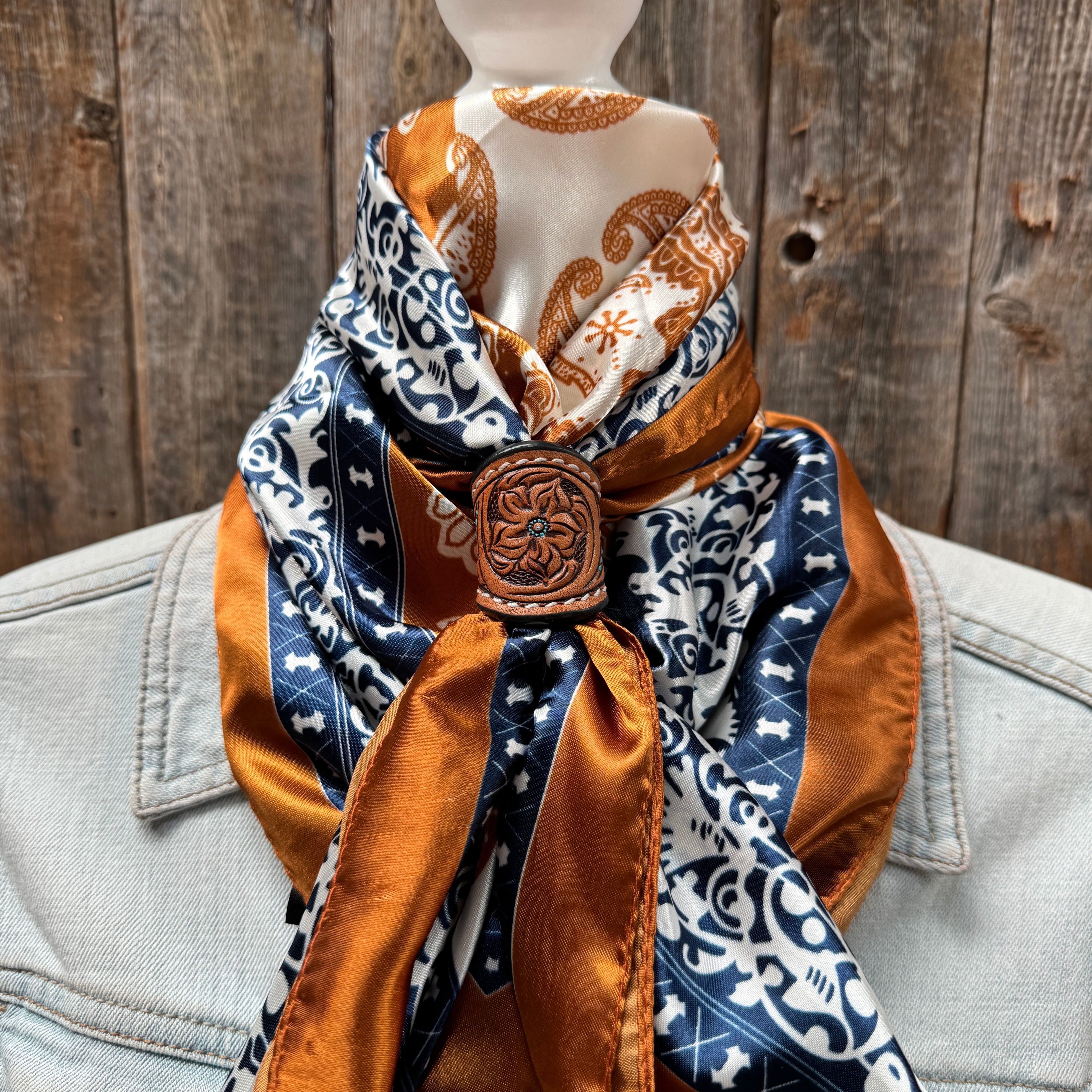 35X35" Rust & Navy Paisley Wild Rag / Scarf WR3299 - Tooled Leather Wild Rag Slides - Assorted