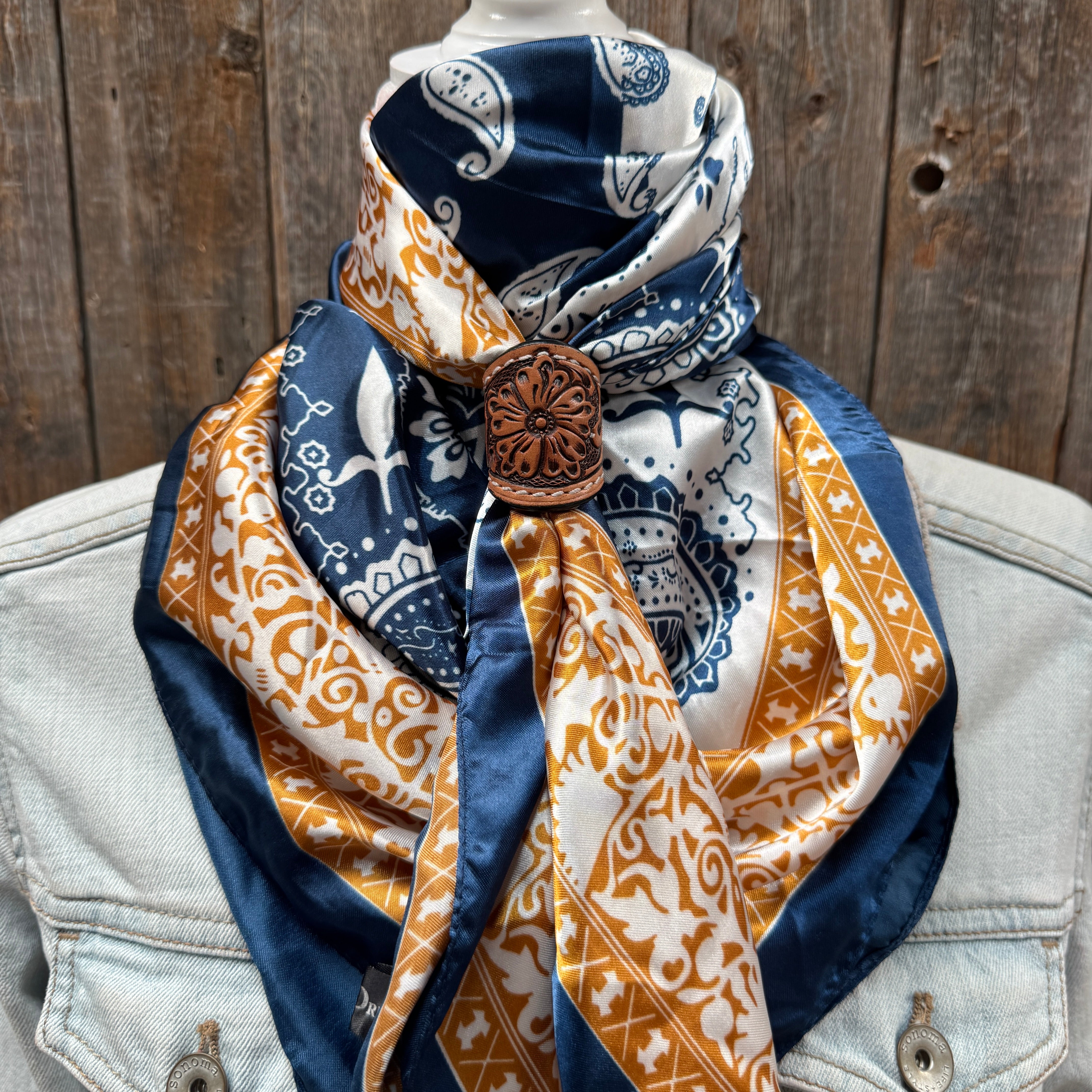 35X35" Blue Two-Toned Paisley Wild Rag / Scarf WR3300 - Tooled Leather Wild Rag Slides - Assorted