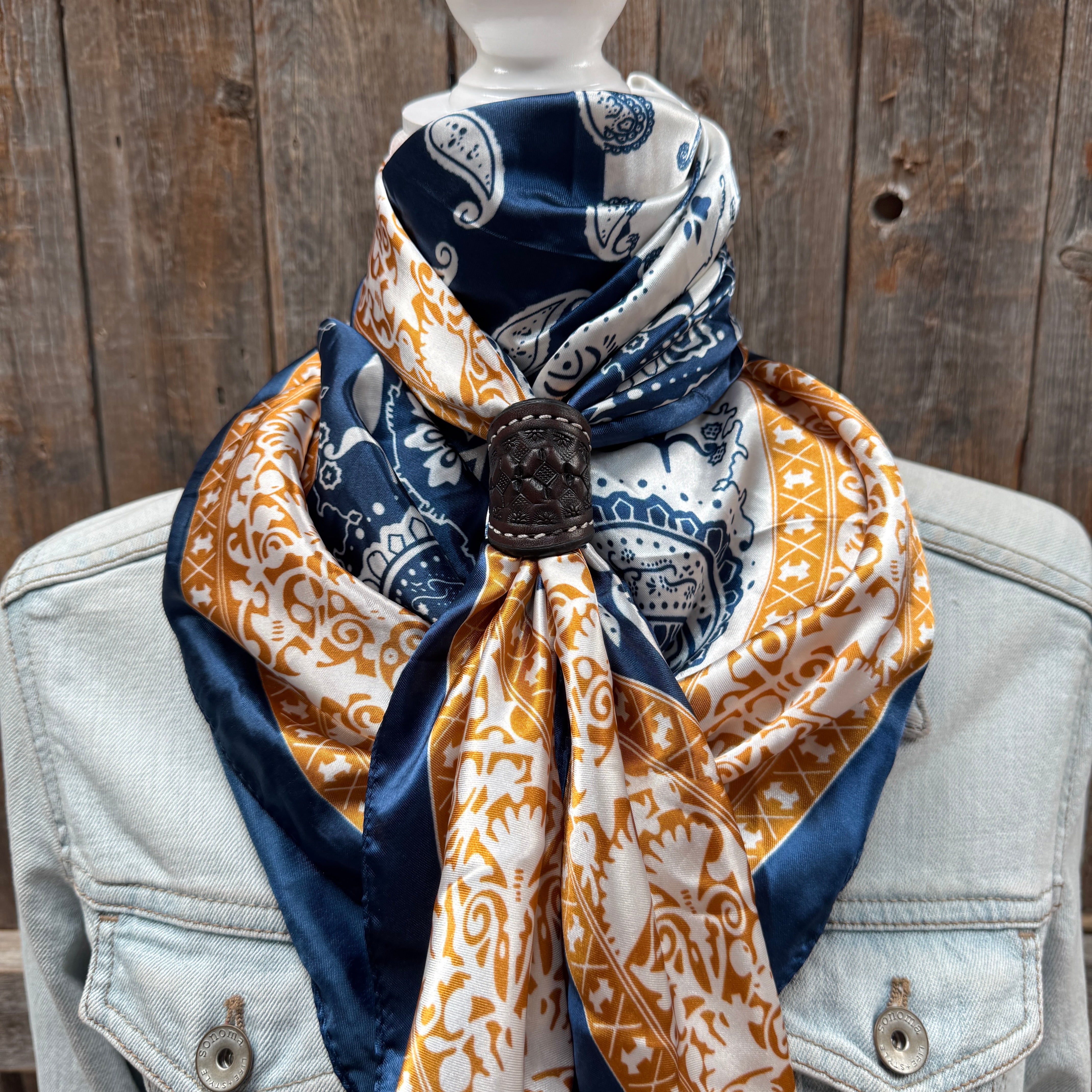 35X35" Blue Two-Toned Paisley Wild Rag / Scarf WR3300 - Tooled Leather Wild Rag Slides - Assorted