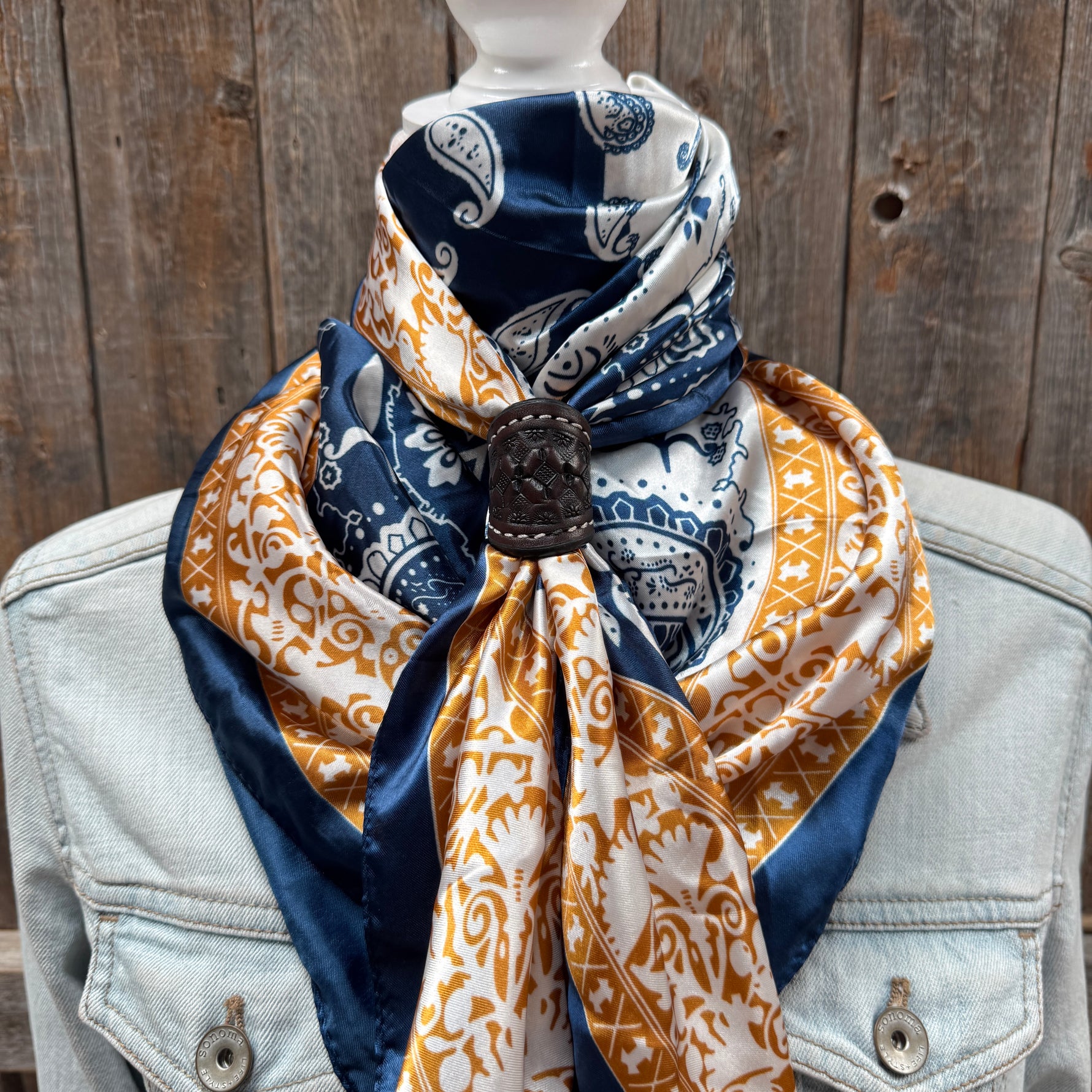 35X35" Blue Two-Toned Paisley Wild Rag / Scarf WR3300 - Tooled Leather Wild Rag Slides - Assorted