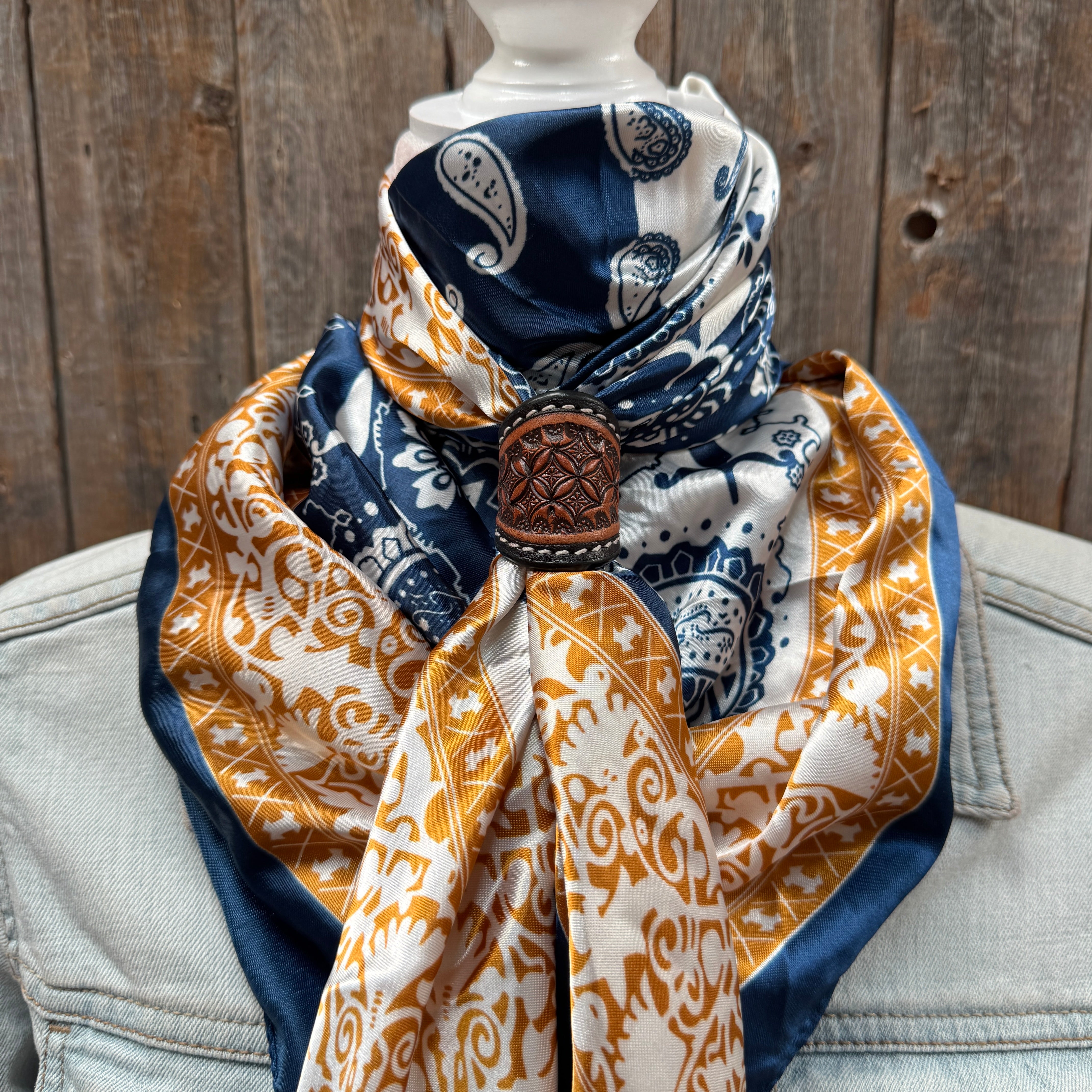 35X35" Blue Two-Toned Paisley Wild Rag / Scarf WR3300 - Tooled Leather Wild Rag Slides - Assorted