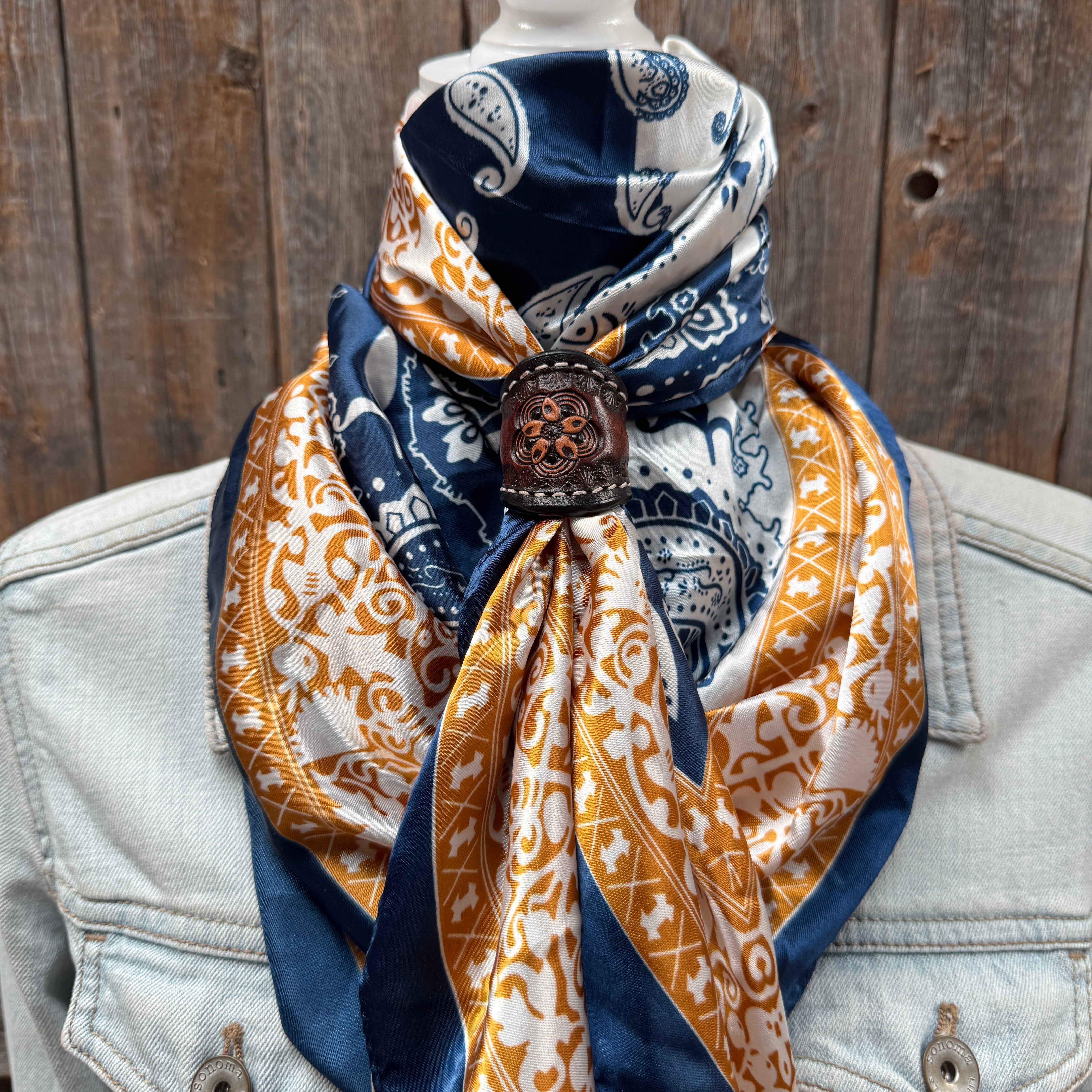 35X35" Blue Two-Toned Paisley Wild Rag / Scarf WR3300 - Tooled Leather Wild Rag Slides - Assorted