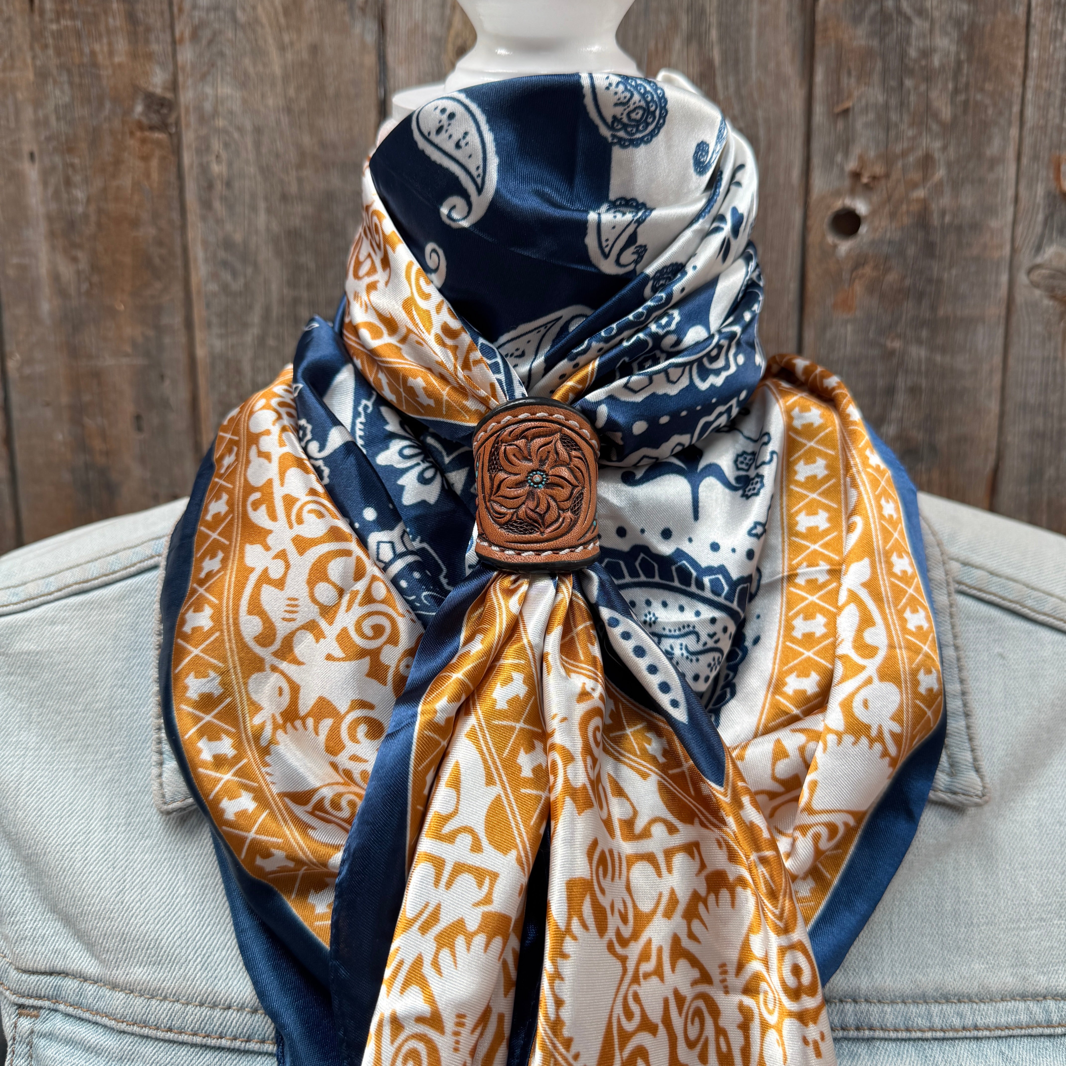 Blue Two-Toned Paisley Wild Rag Scarf with Tooled Leather Slide | 35x35 ...