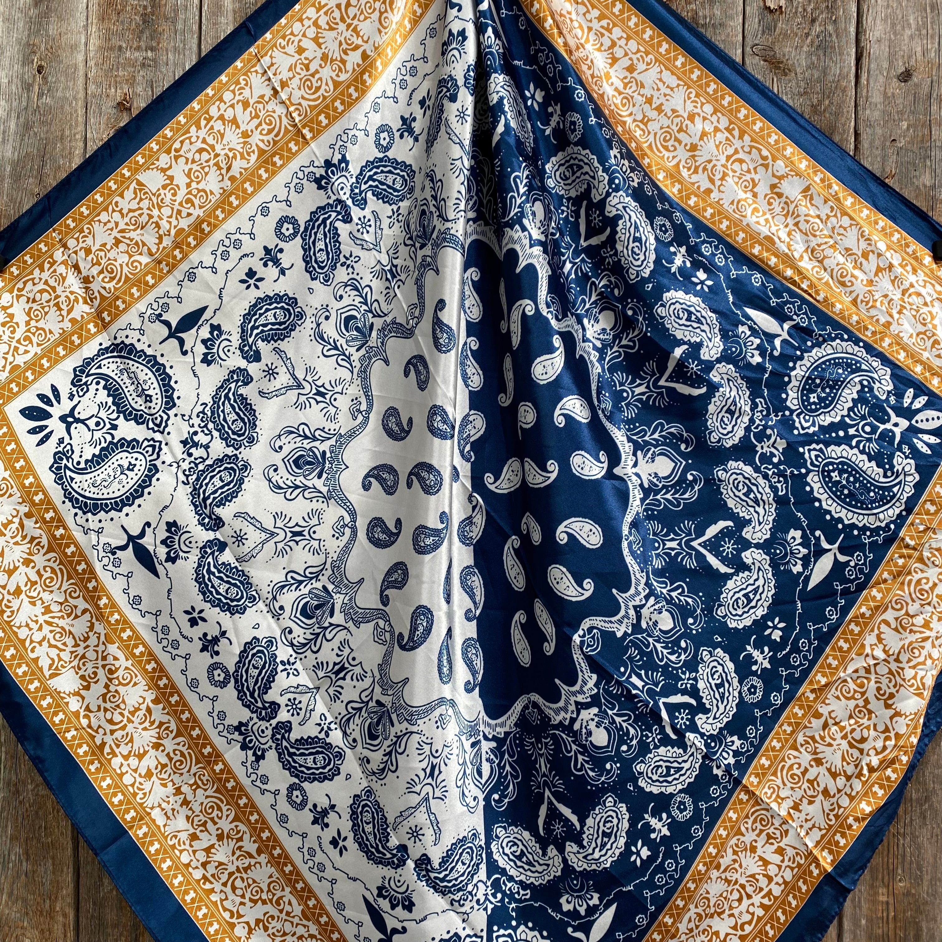 Blue Two-Toned Paisley Wild Rag Scarf with Tooled Leather Slide | 35x35 ...