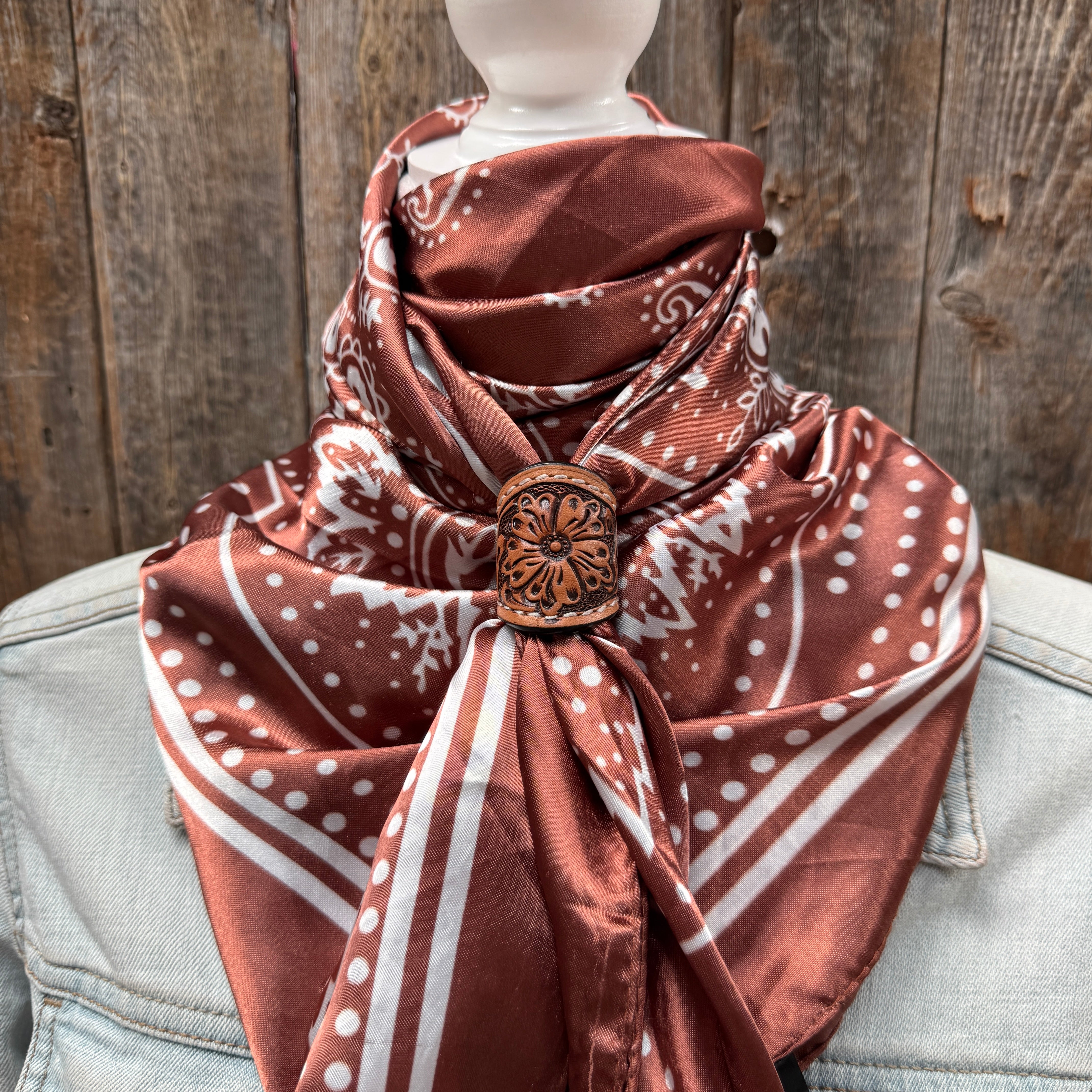 35X35" Copper Floral Paisley Wild Rag / Scarf WR3381 - Tooled Leather Wild Rag Slides - Assorted