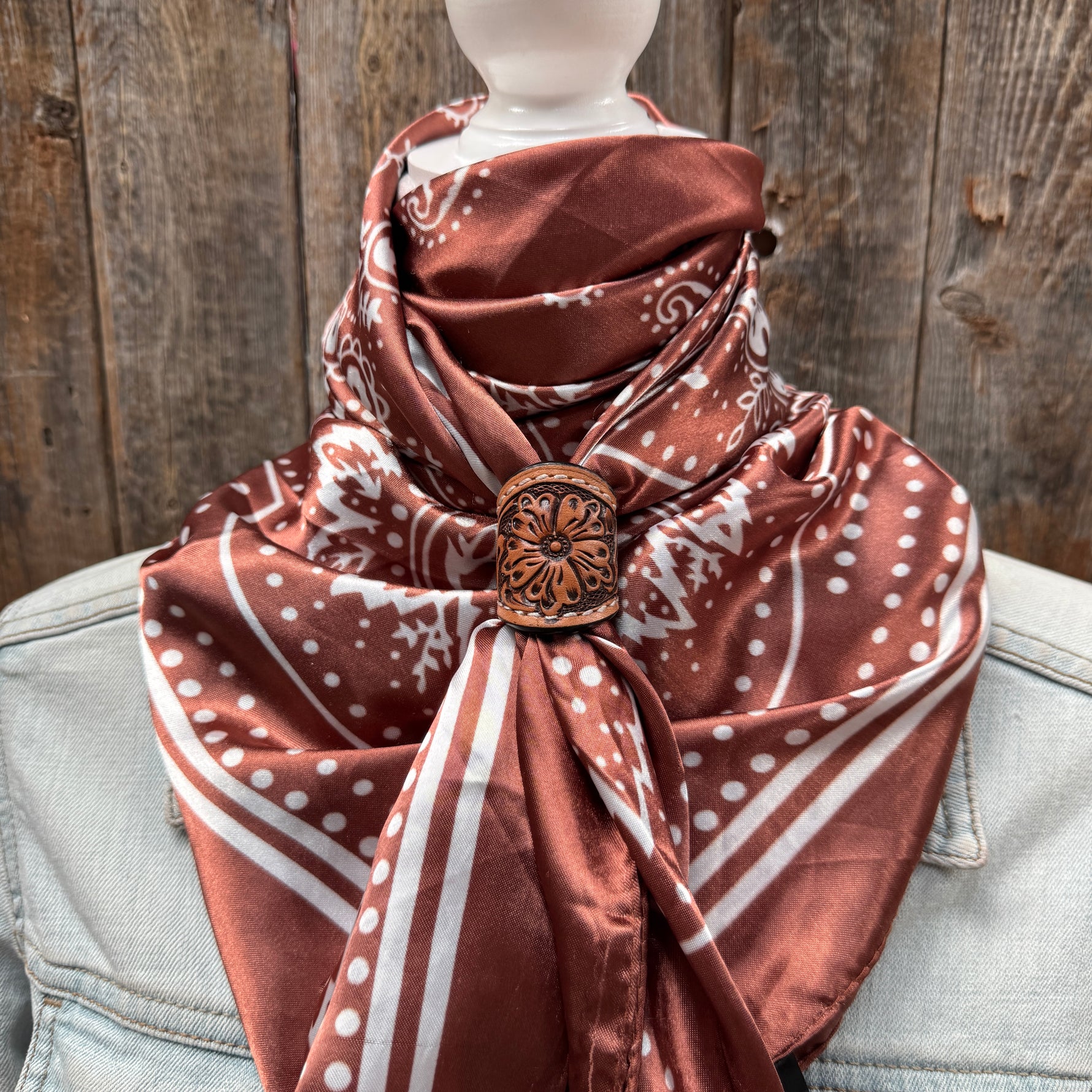 35X35" Copper Floral Paisley Wild Rag / Scarf WR3381 - Tooled Leather Wild Rag Slides - Assorted