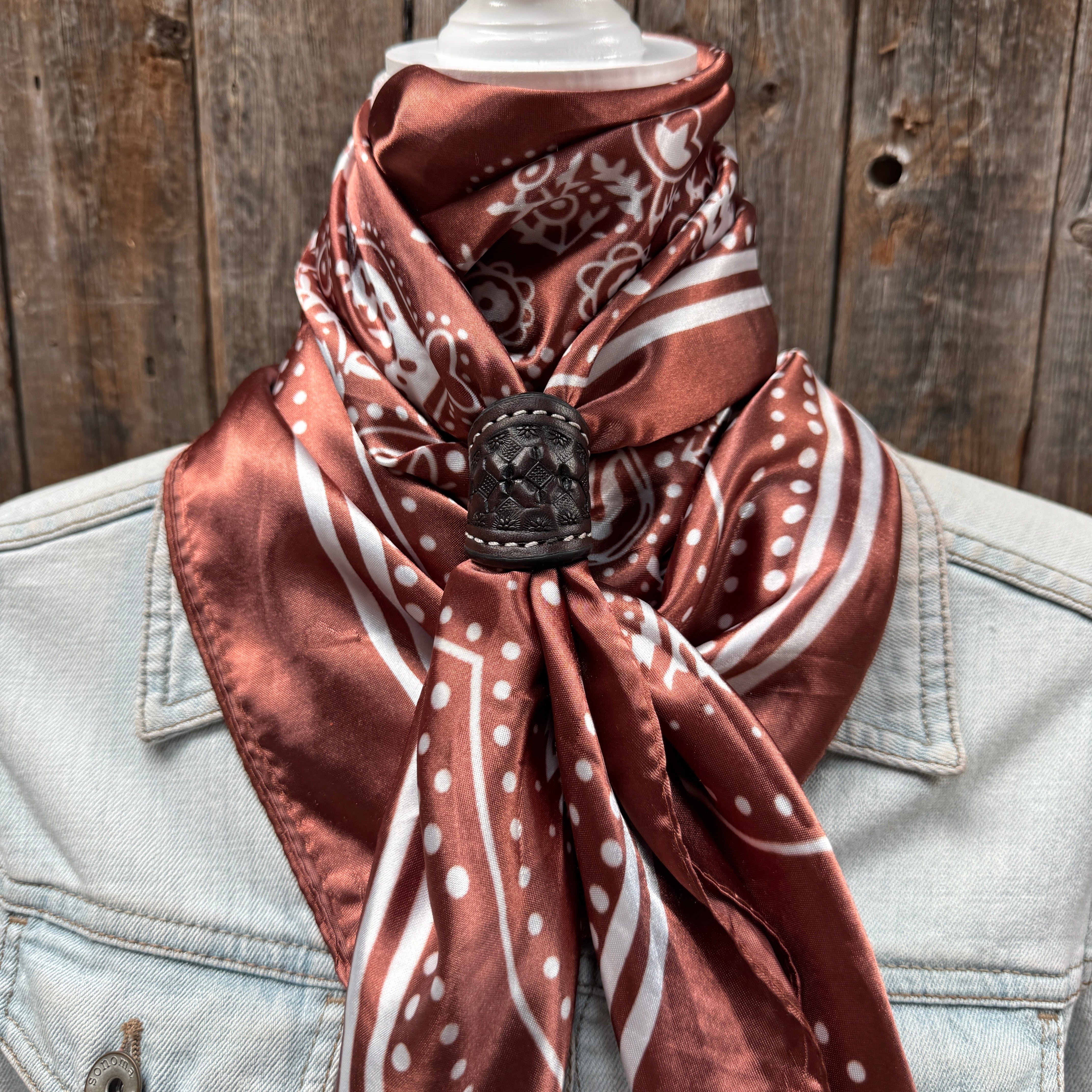 35X35" Copper Floral Paisley Wild Rag / Scarf WR3381 - Tooled Leather Wild Rag Slides - Assorted