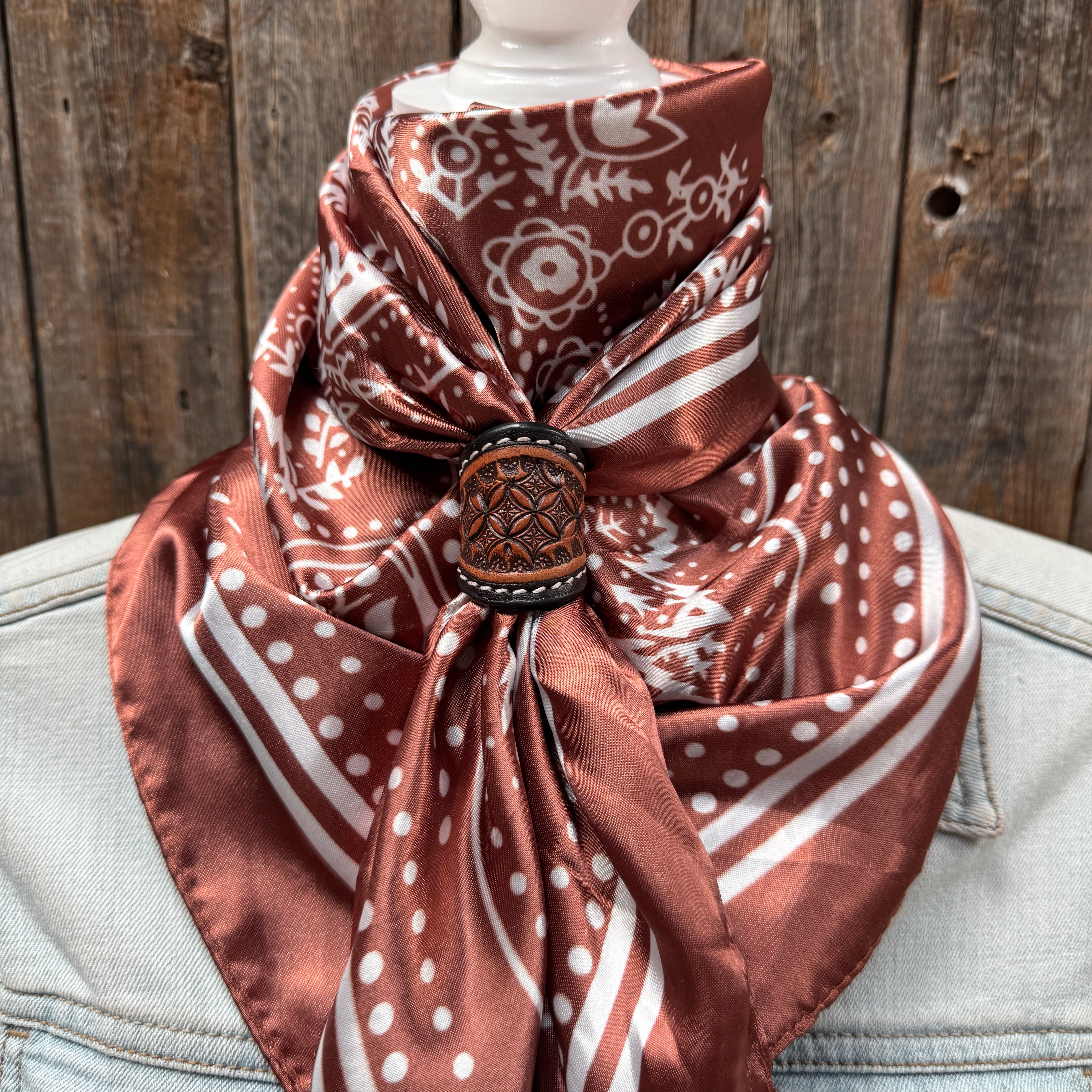 35X35" Copper Floral Paisley Wild Rag / Scarf WR3381 - Tooled Leather Wild Rag Slides - Assorted