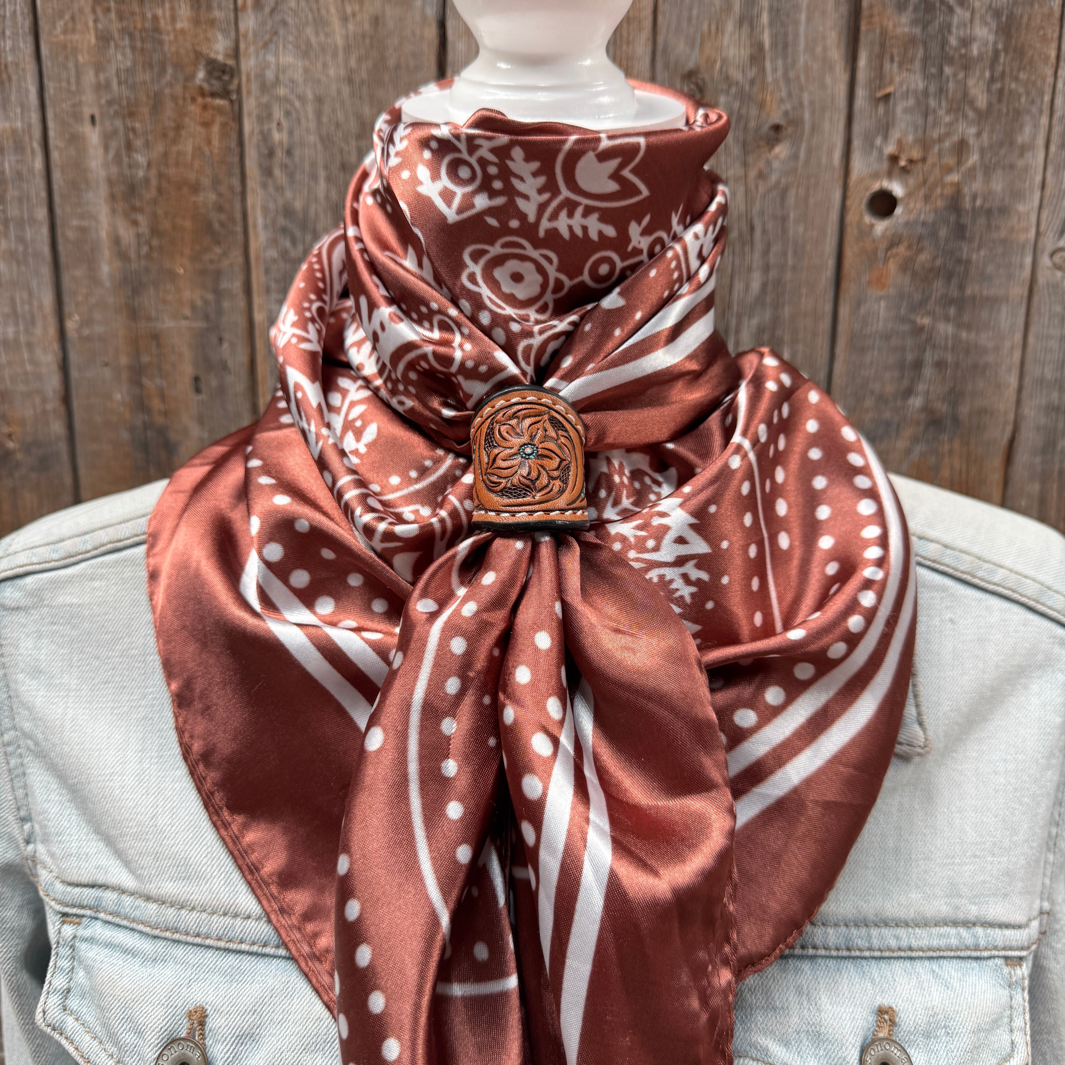 35X35" Copper Floral Paisley Wild Rag / Scarf WR3381 - Tooled Leather Wild Rag Slides - Assorted