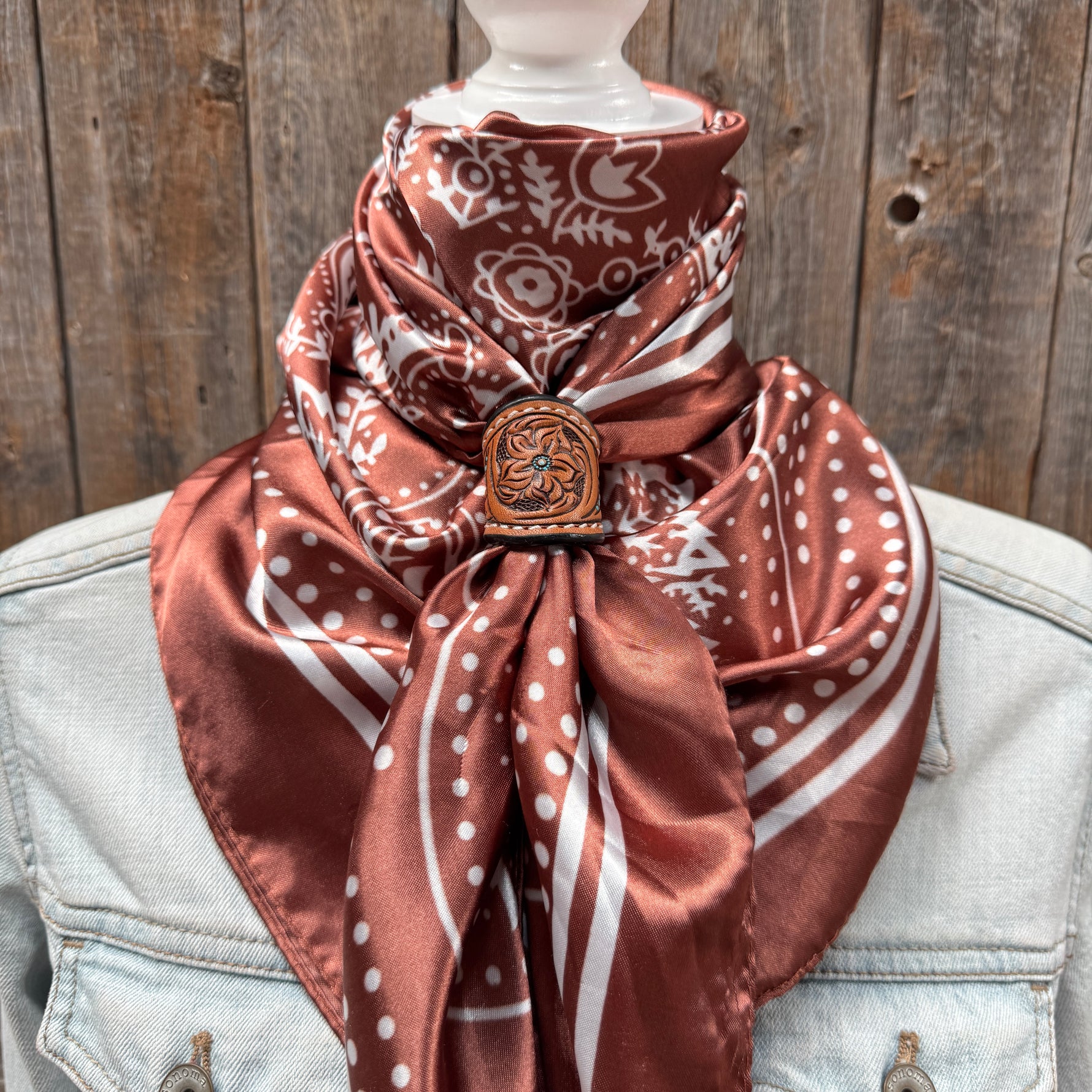 35X35" Copper Floral Paisley Wild Rag / Scarf WR3381 - Tooled Leather Wild Rag Slides - Assorted