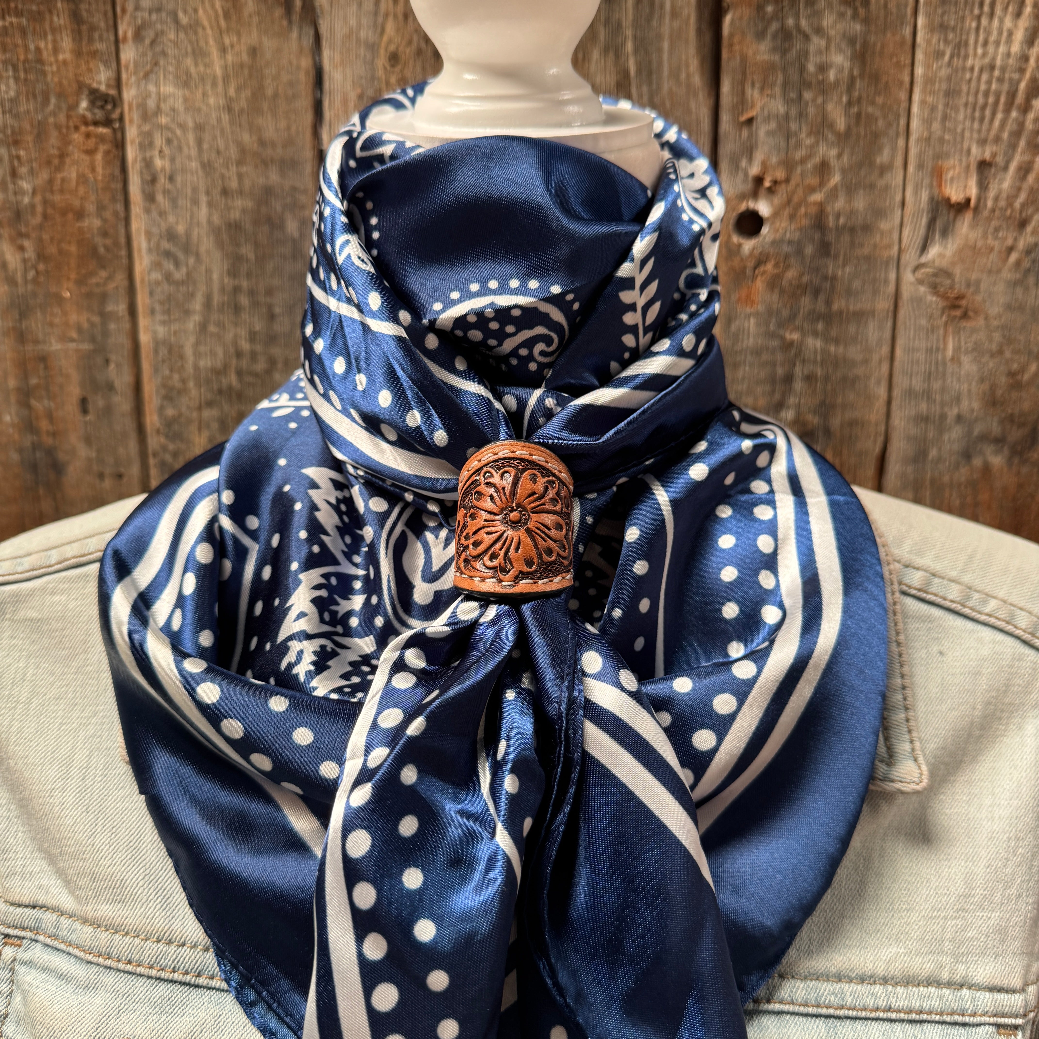 35X35" Blue Floral Paisley Wild Rag / Scarf WR3382 - Tooled Leather Wild Rag Slides - Assorted