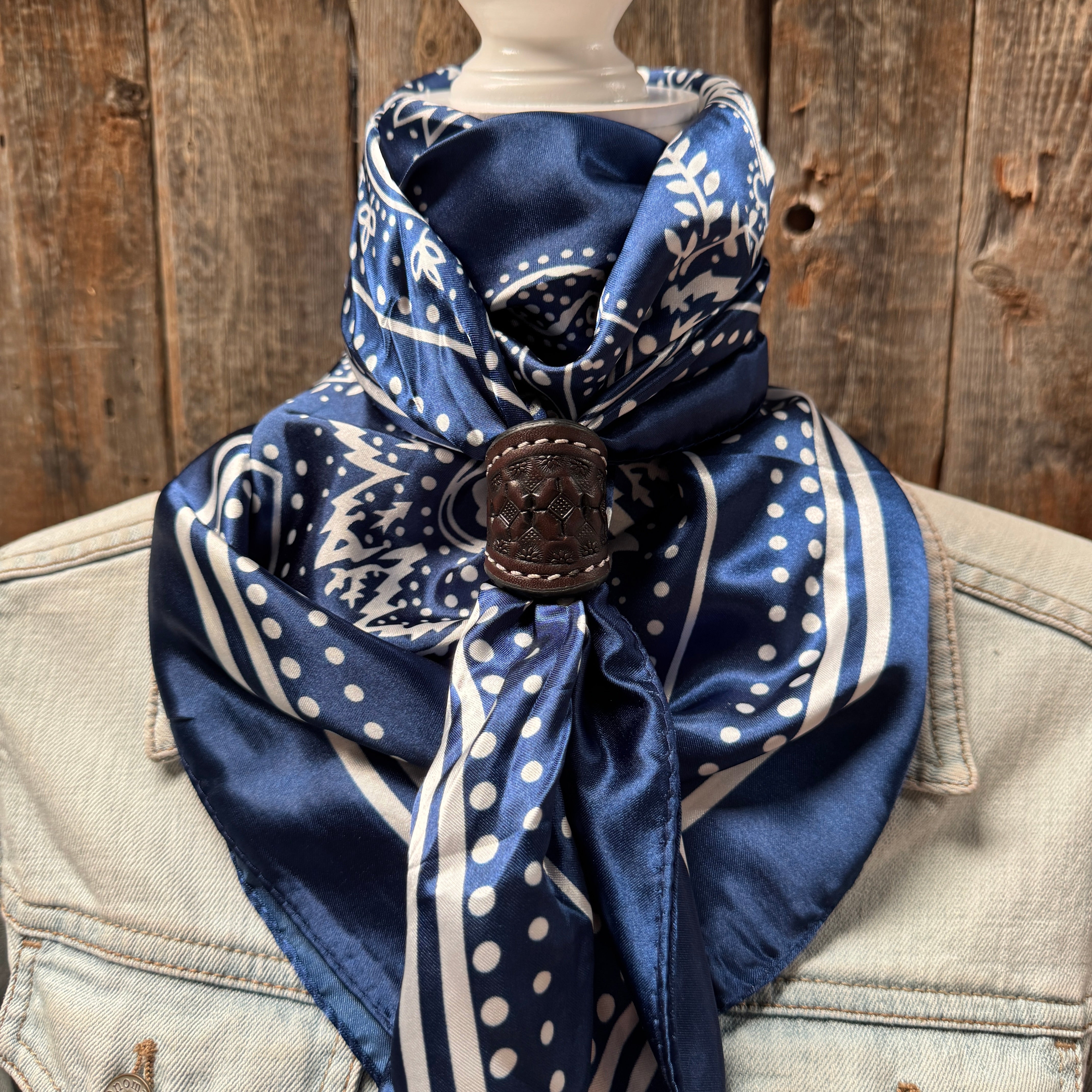 35X35" Blue Floral Paisley Wild Rag / Scarf WR3382 - Tooled Leather Wild Rag Slides - Assorted