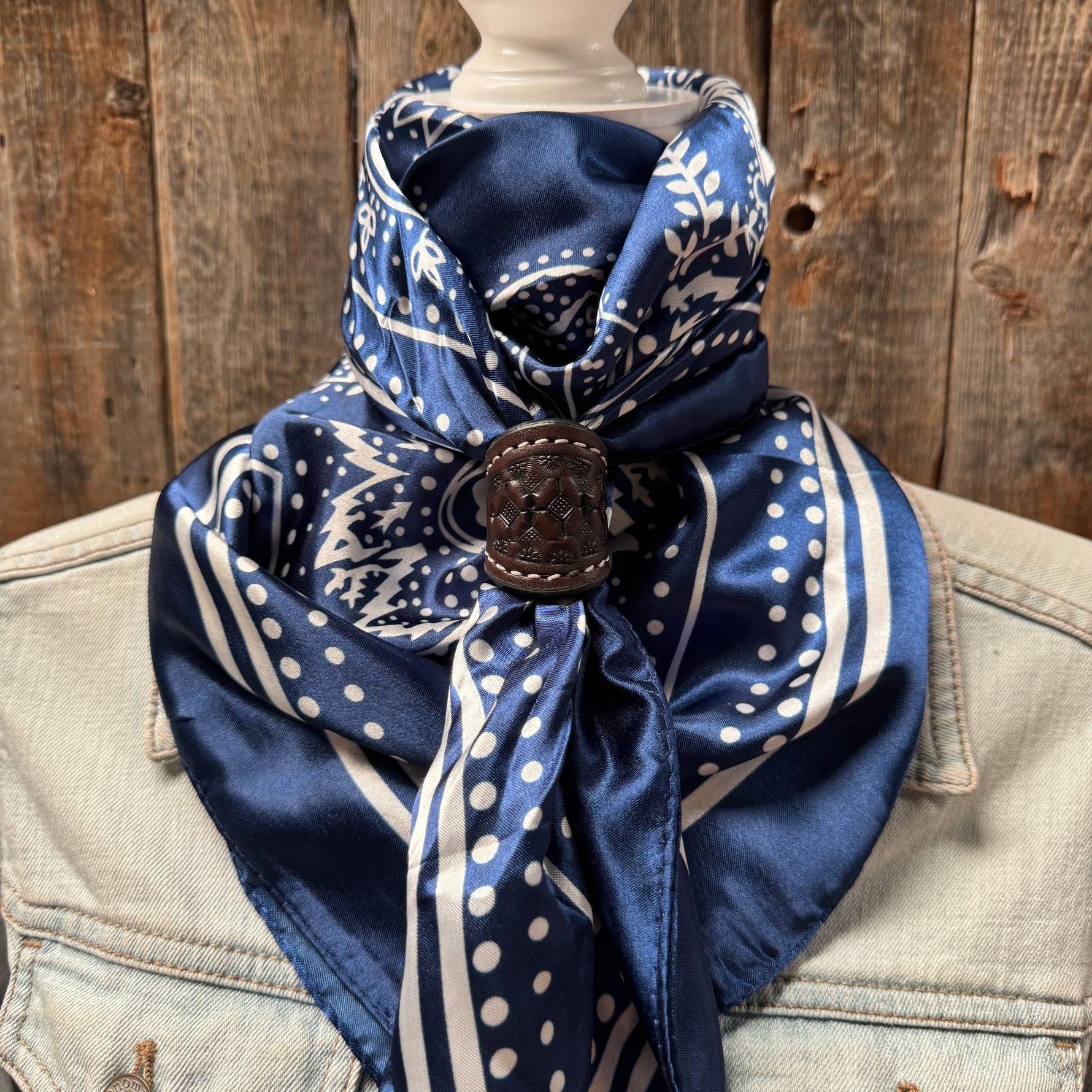 35X35" Blue Floral Paisley Wild Rag / Scarf WR3382 - Tooled Leather Wild Rag Slides - Assorted