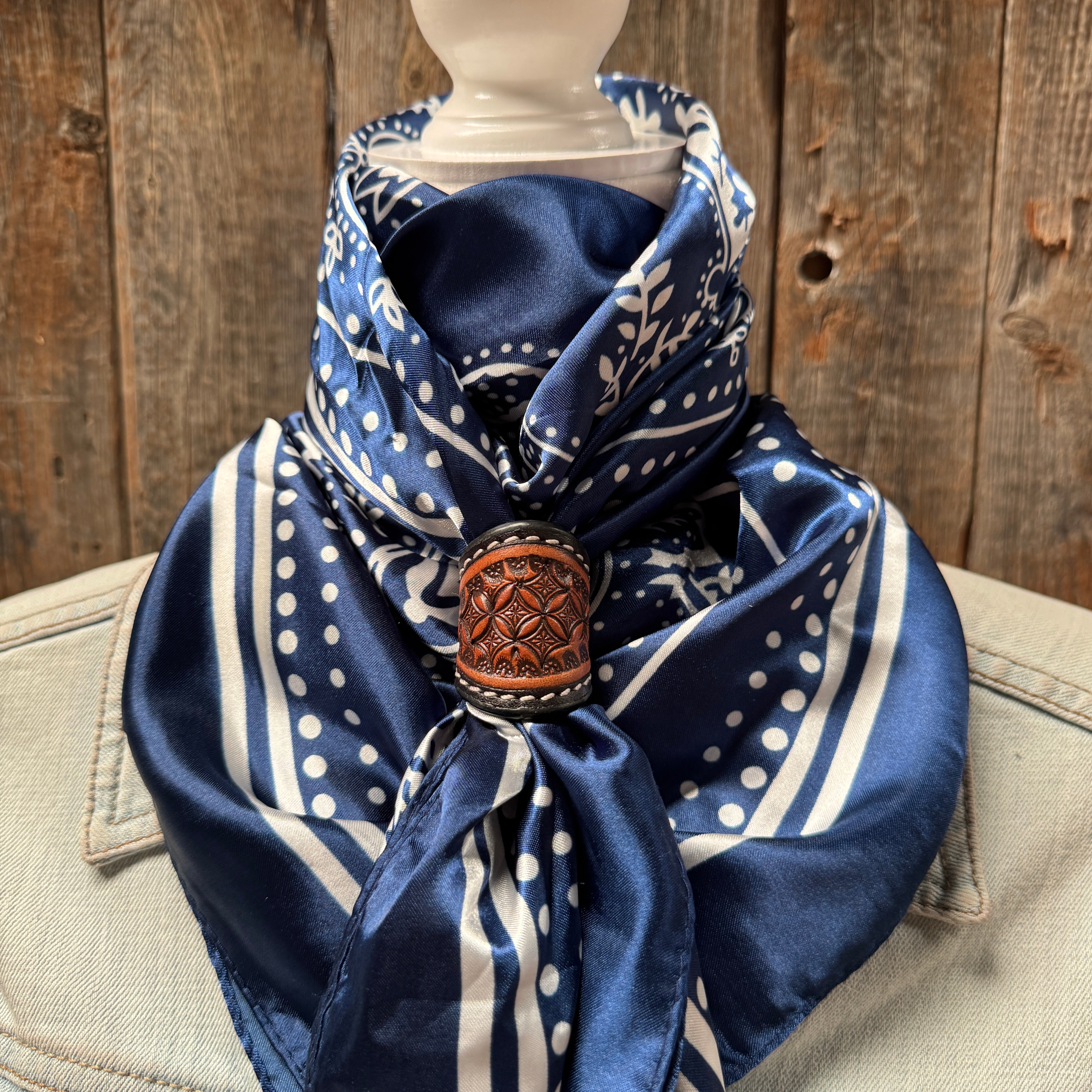 35X35" Blue Floral Paisley Wild Rag / Scarf WR3382 - Tooled Leather Wild Rag Slides - Assorted