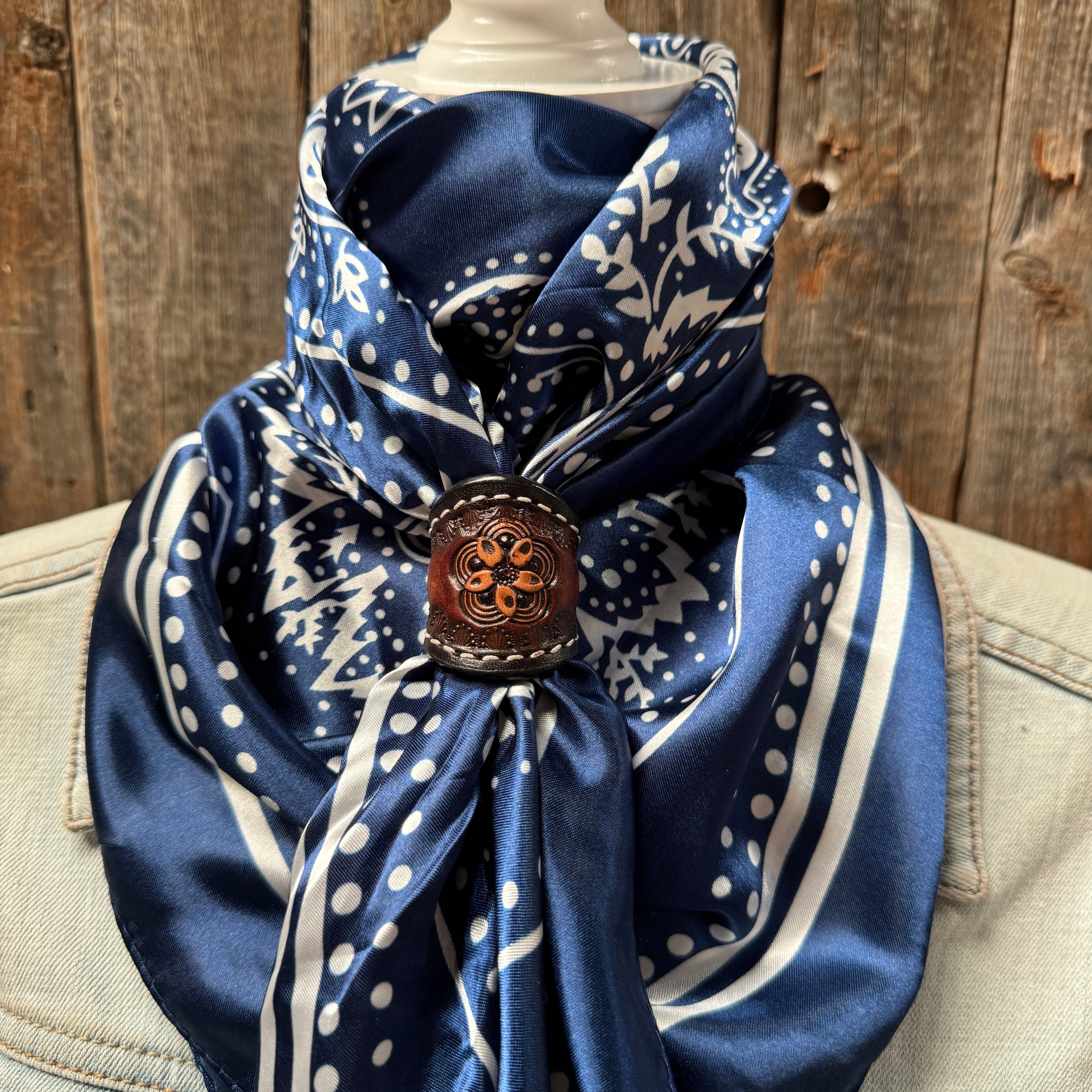 35X35" Blue Floral Paisley Wild Rag / Scarf WR3382 - Tooled Leather Wild Rag Slides - Assorted