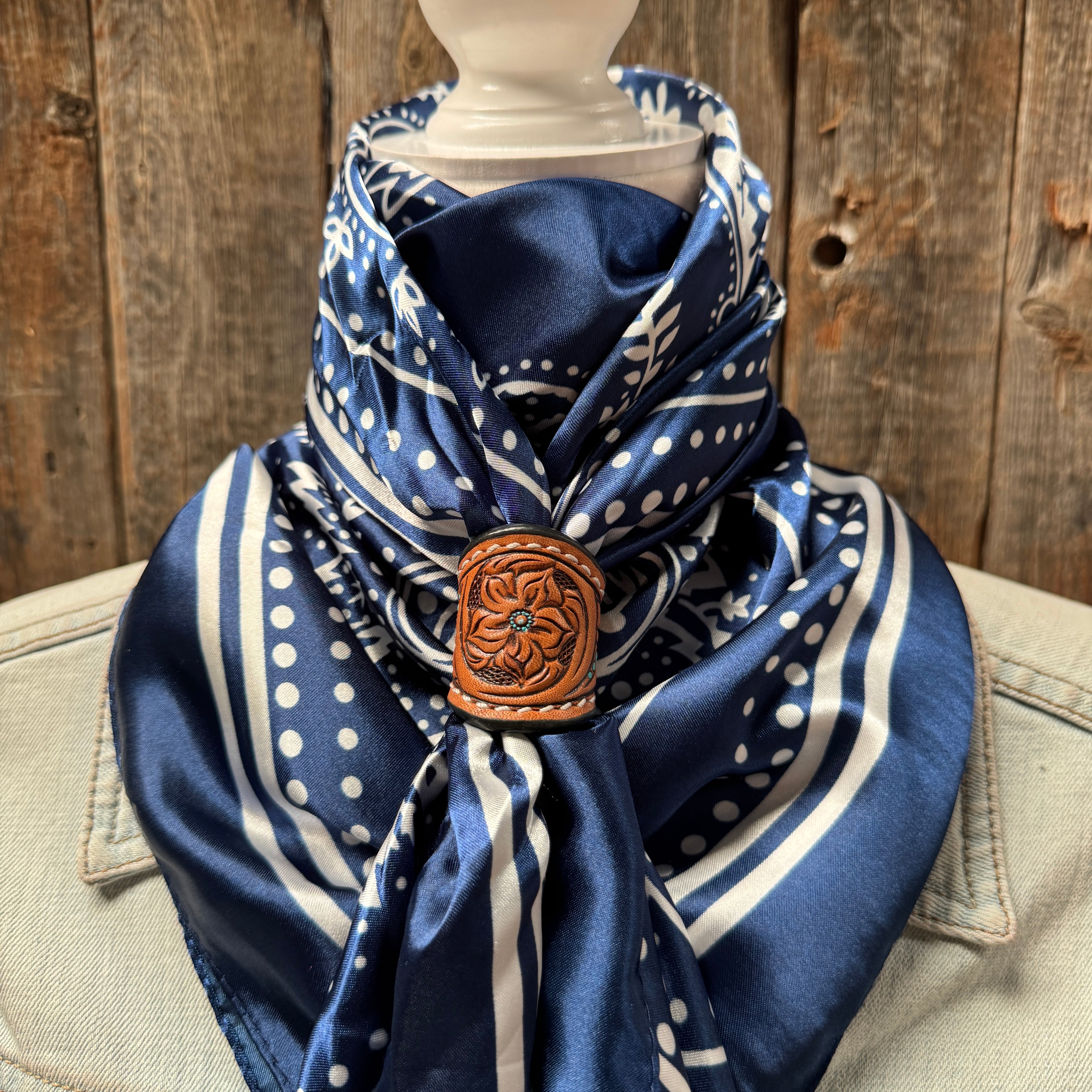 35X35" Blue Floral Paisley Wild Rag / Scarf WR3382 - Tooled Leather Wild Rag Slides - Assorted