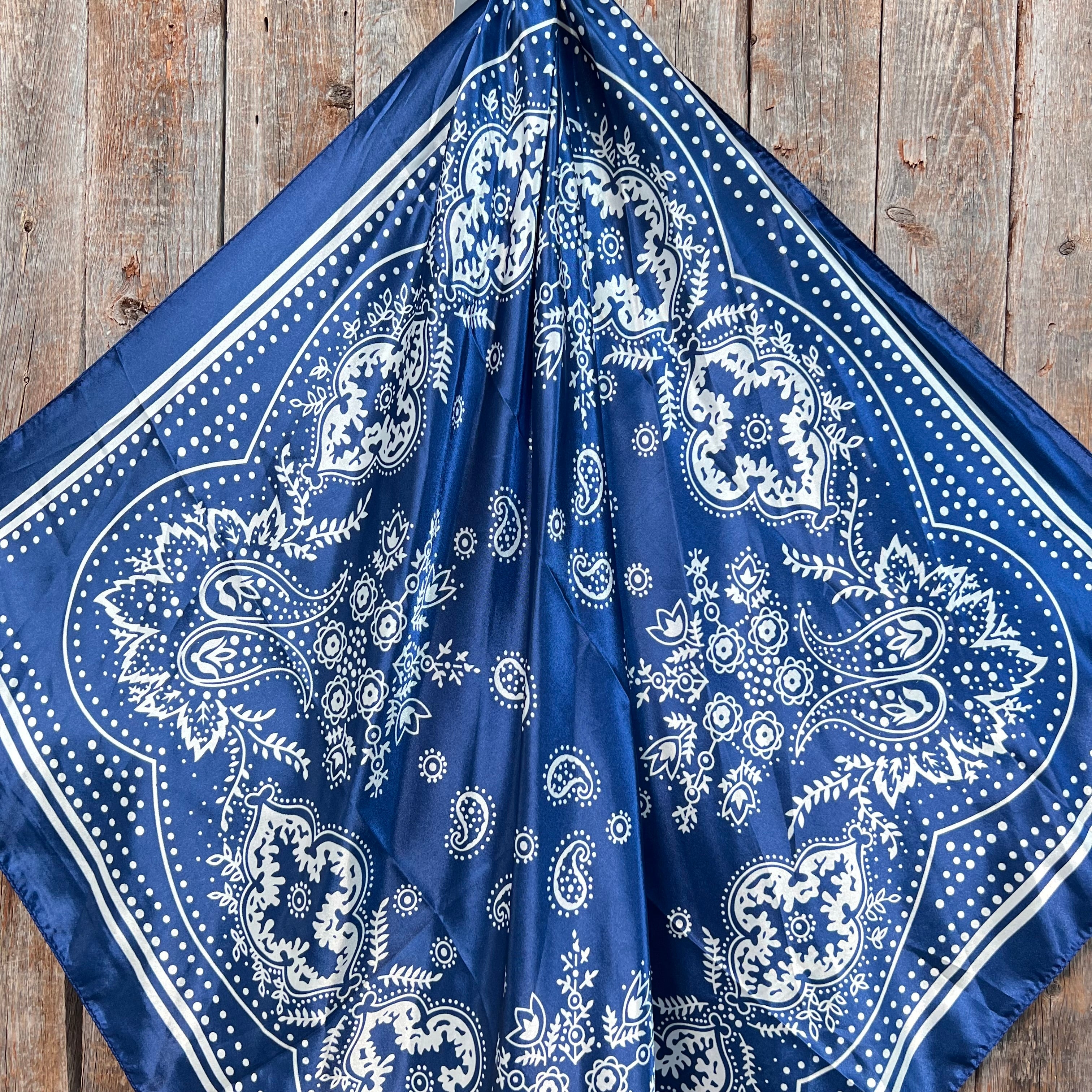 35X35" Blue Floral Paisley Wild Rag / Scarf WR3382 - Tooled Leather Wild Rag Slides - Assorted
