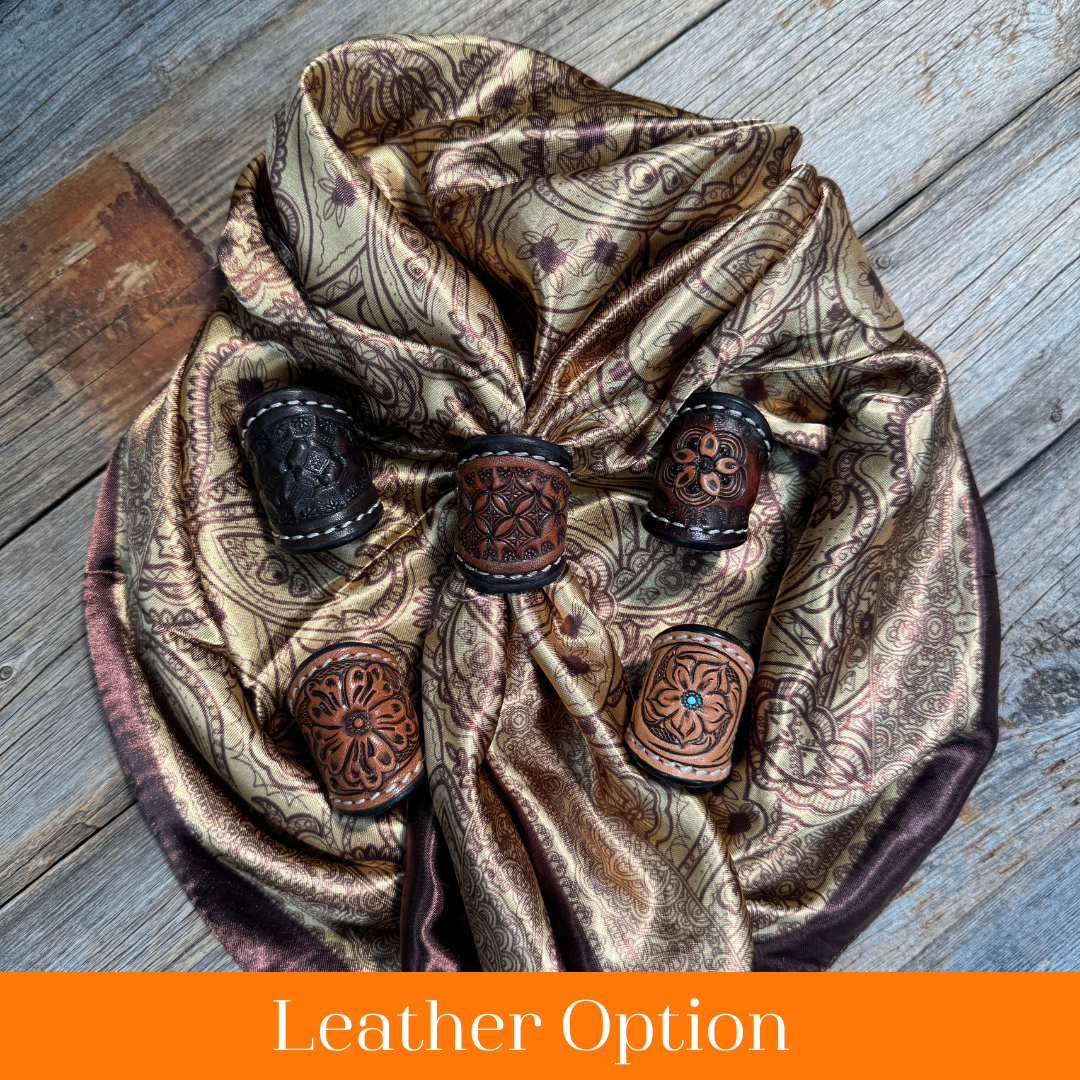 35X35" Earth Tones Paisley Wild Rag / Scarf WR3402 - Tooled Leather Wild Rag Slides - Assorted