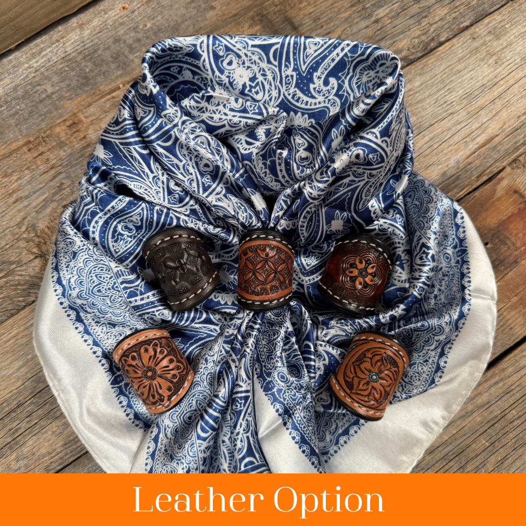 35X35" Blue & White Paisley Wild Rag / Scarf WR3403 - Tooled Leather Wild Rag Slides - Assorted
