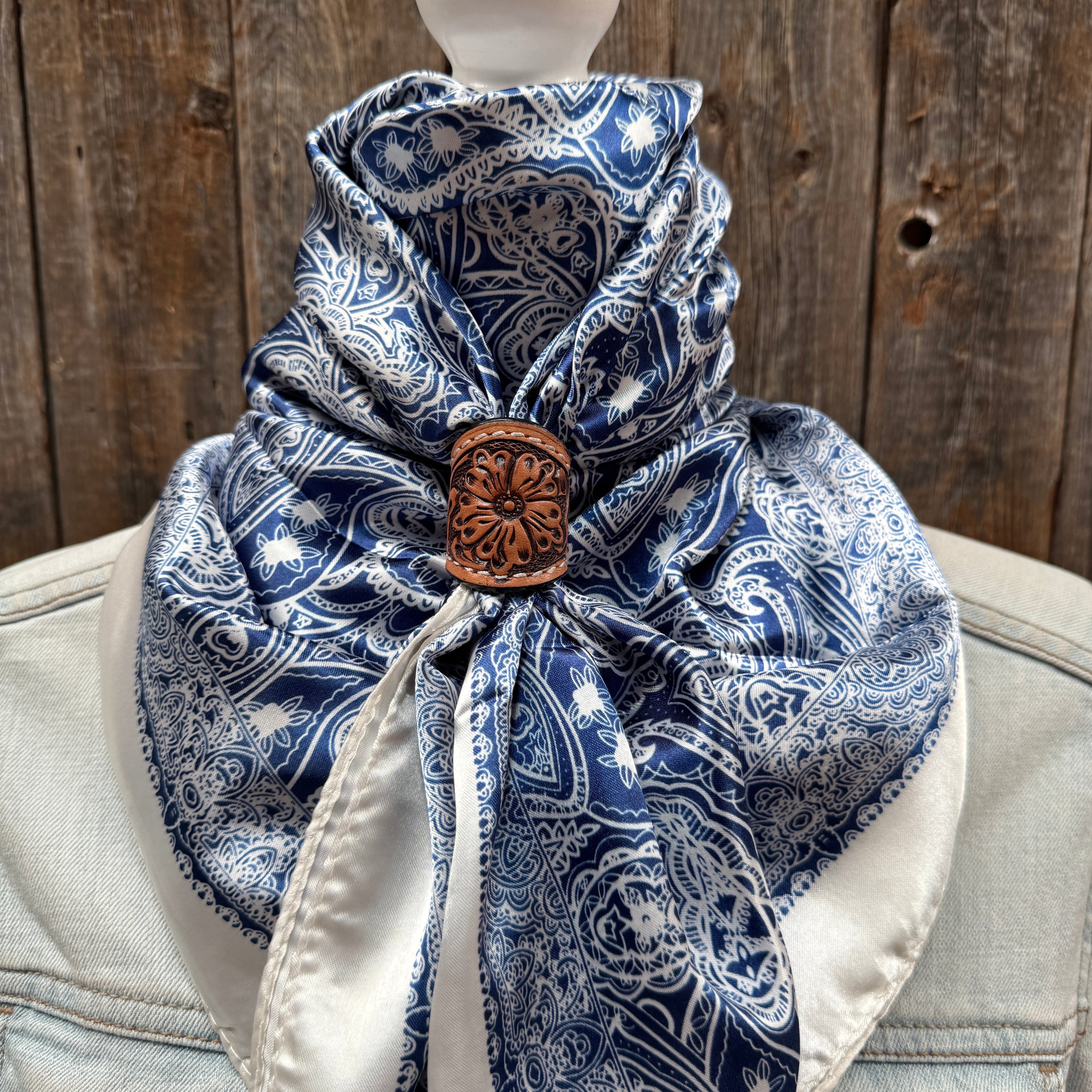 35X35" Blue & White Paisley Wild Rag / Scarf WR3403 - Tooled Leather Wild Rag Slides - Assorted