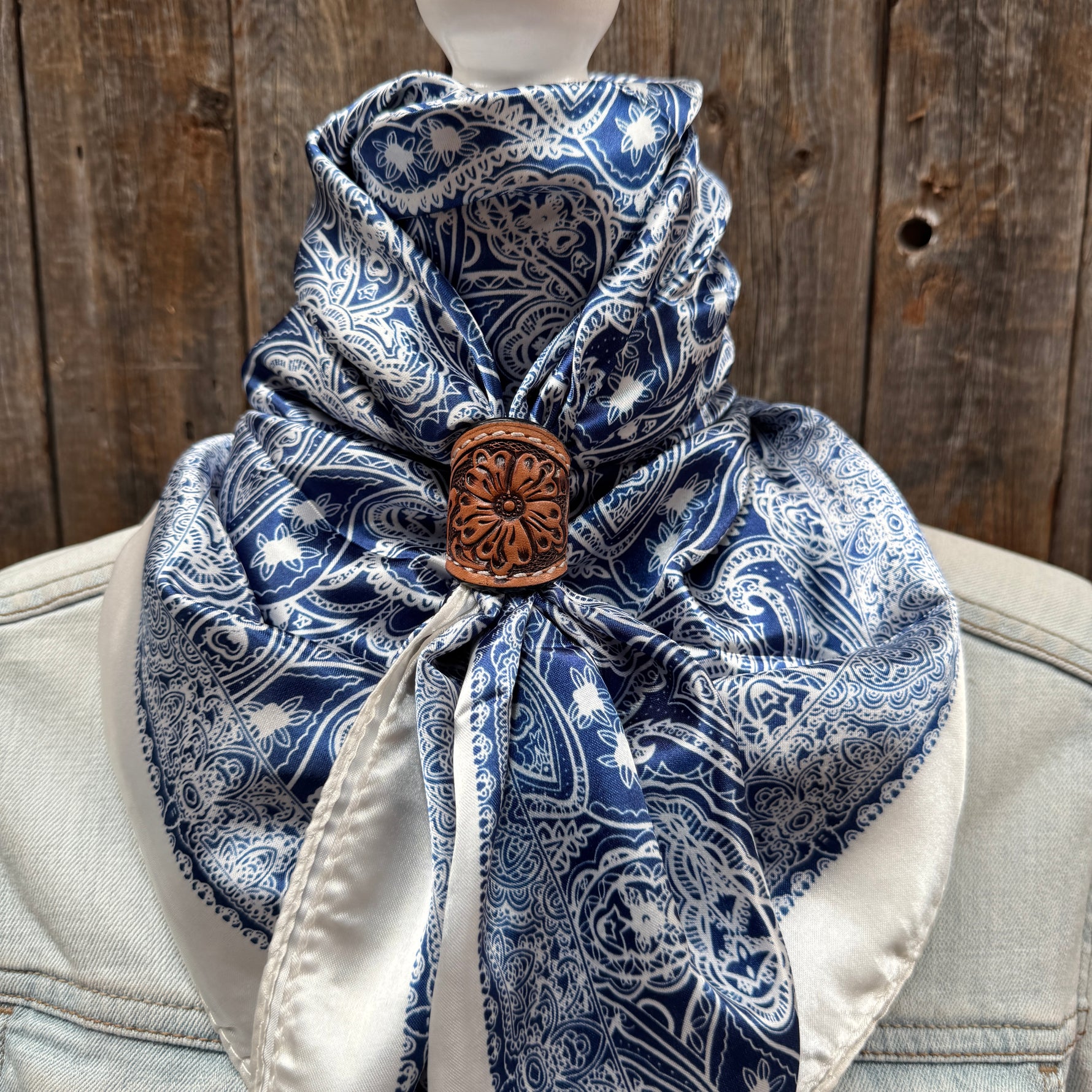35X35" Blue & White Paisley Wild Rag / Scarf WR3403 - Tooled Leather Wild Rag Slides - Assorted