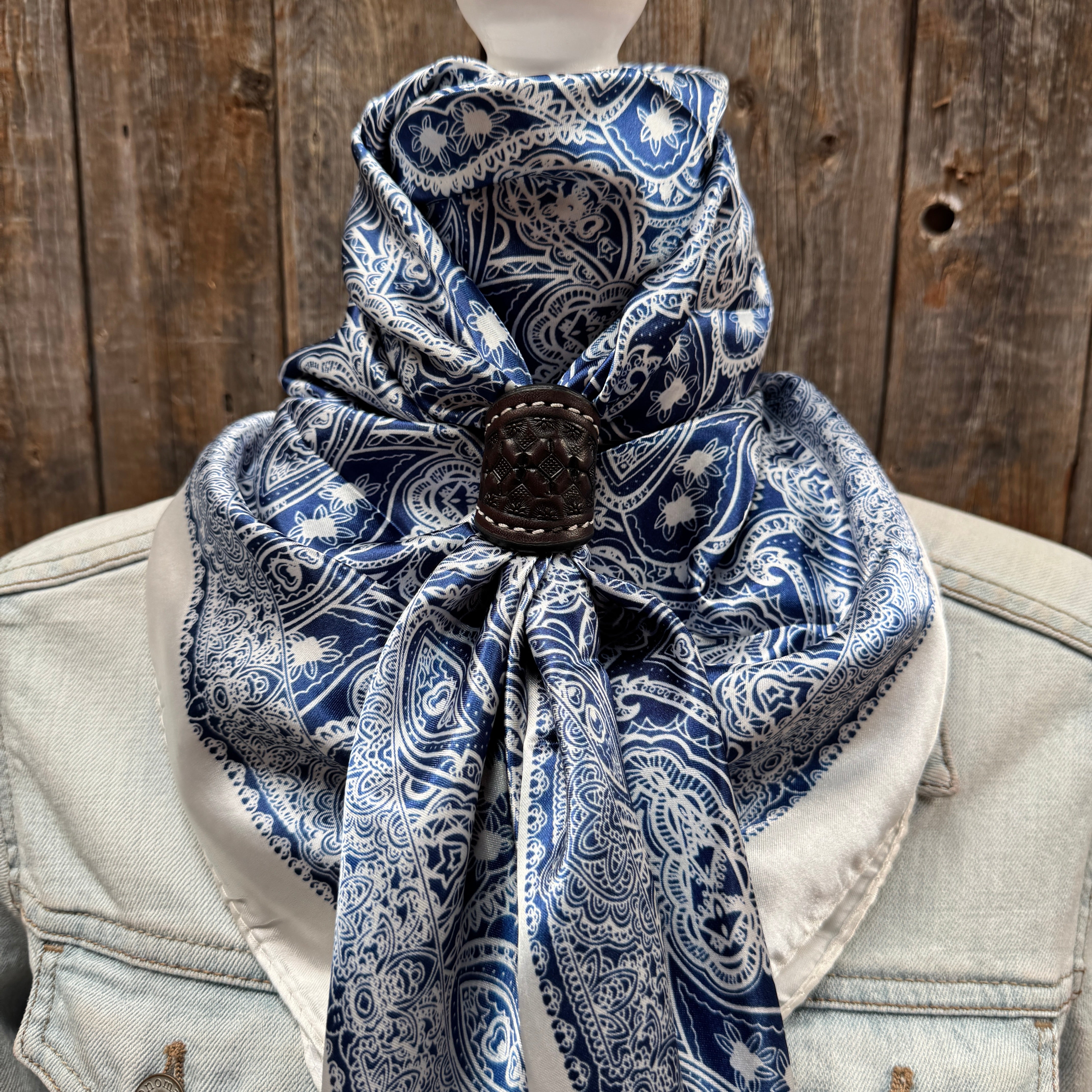 35X35" Blue & White Paisley Wild Rag / Scarf WR3403 - Tooled Leather Wild Rag Slides - Assorted