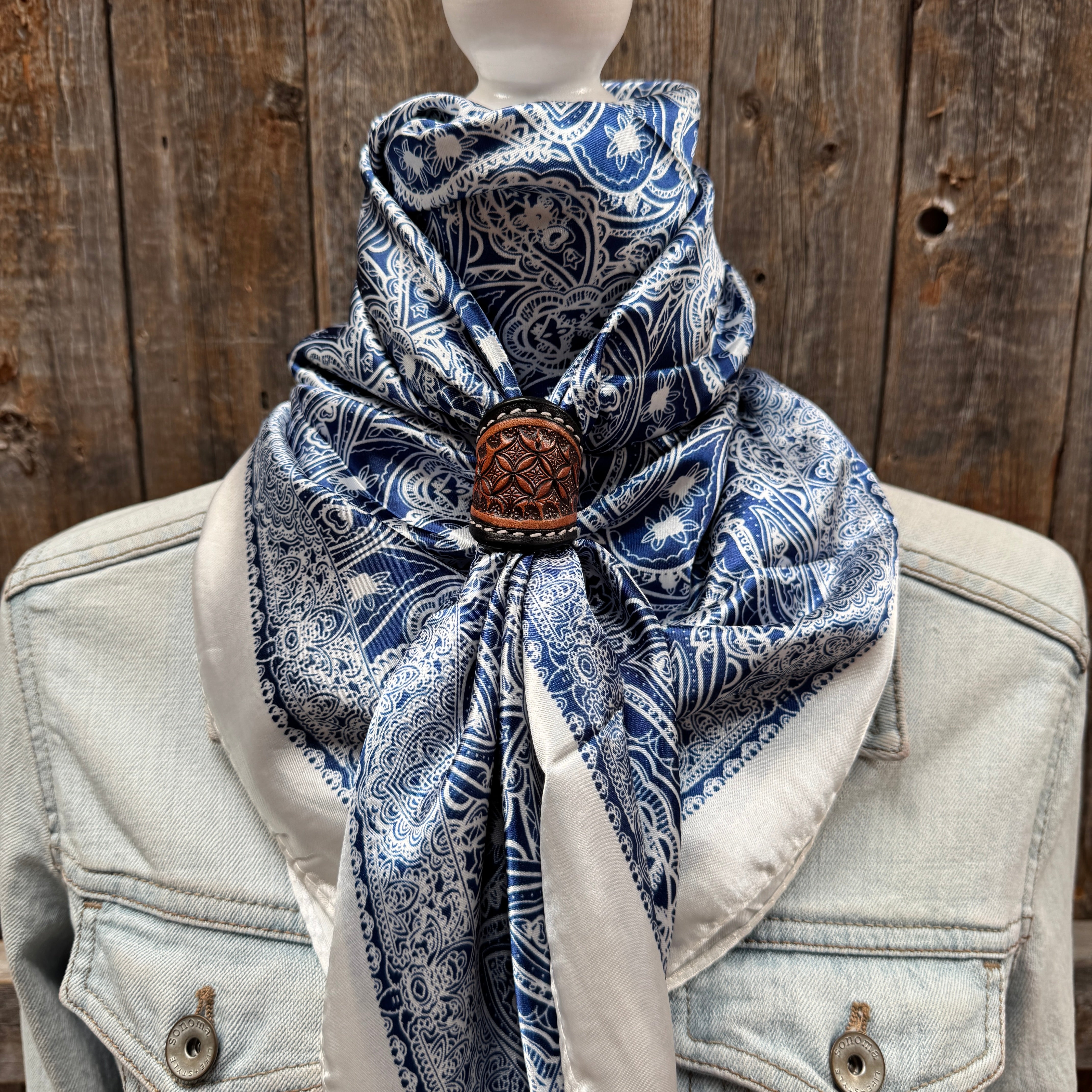 35X35" Blue & White Paisley Wild Rag / Scarf WR3403 - Tooled Leather Wild Rag Slides - Assorted