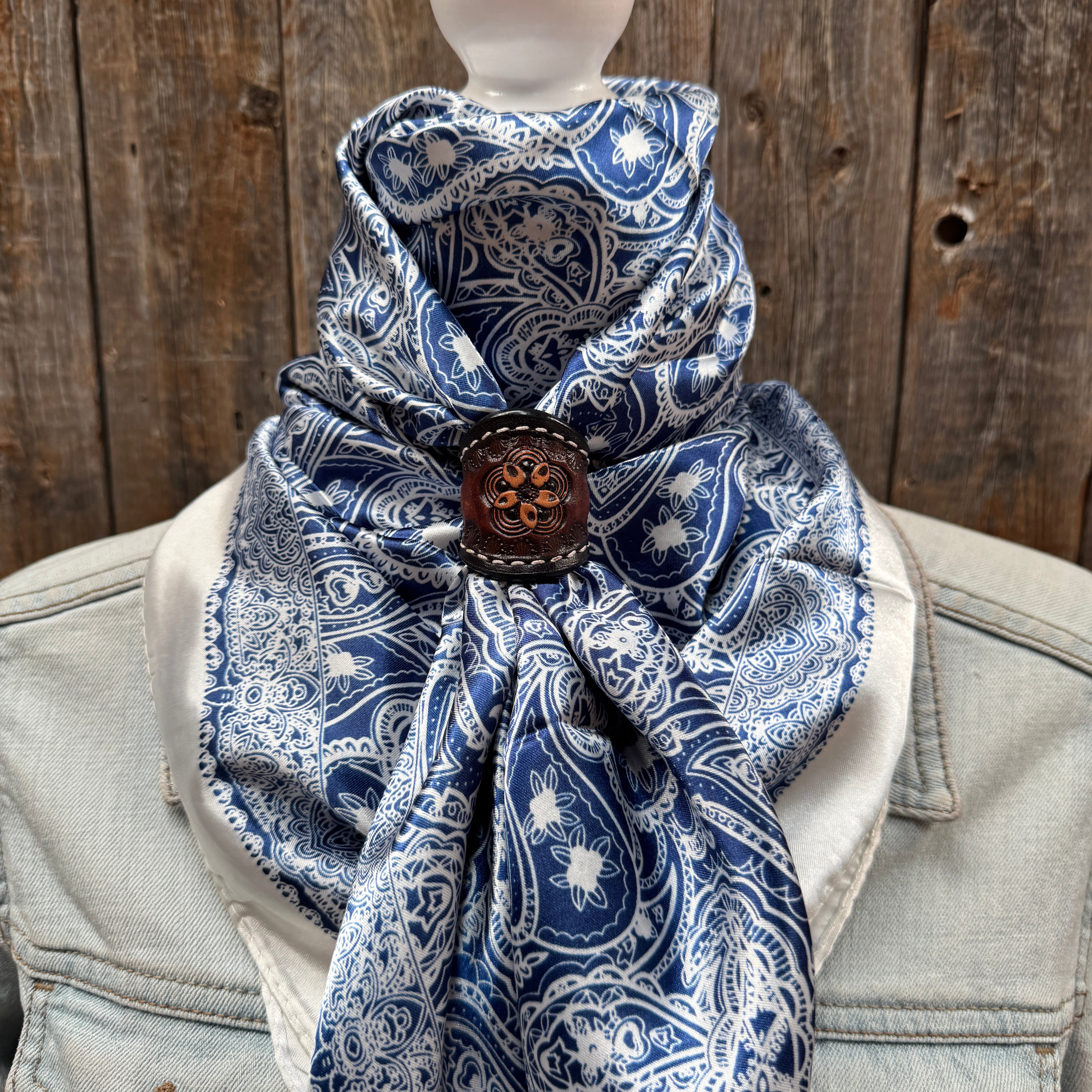 35X35" Blue & White Paisley Wild Rag / Scarf WR3403 - Tooled Leather Wild Rag Slides - Assorted