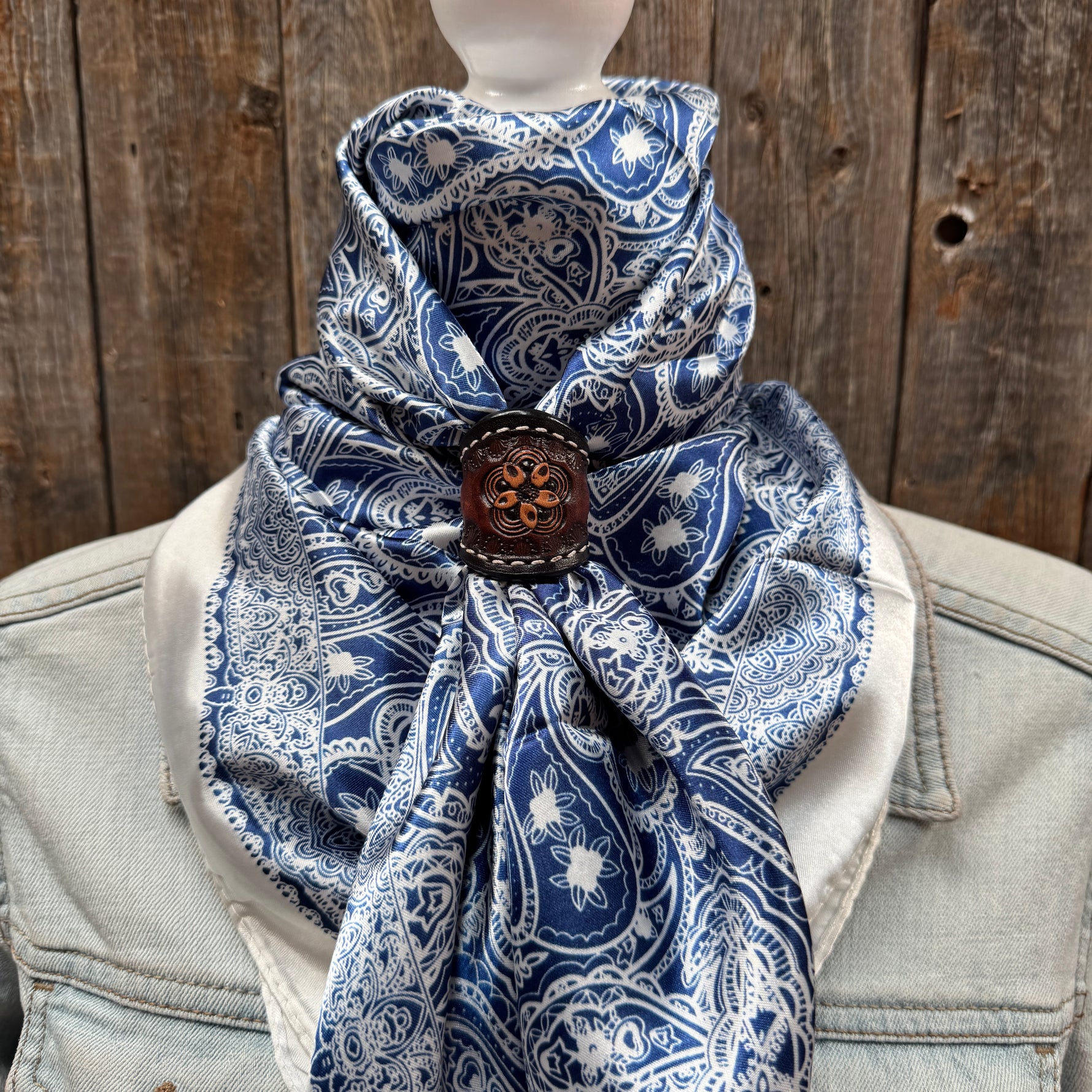 35X35" Blue & White Paisley Wild Rag / Scarf WR3403 - Tooled Leather Wild Rag Slides - Assorted