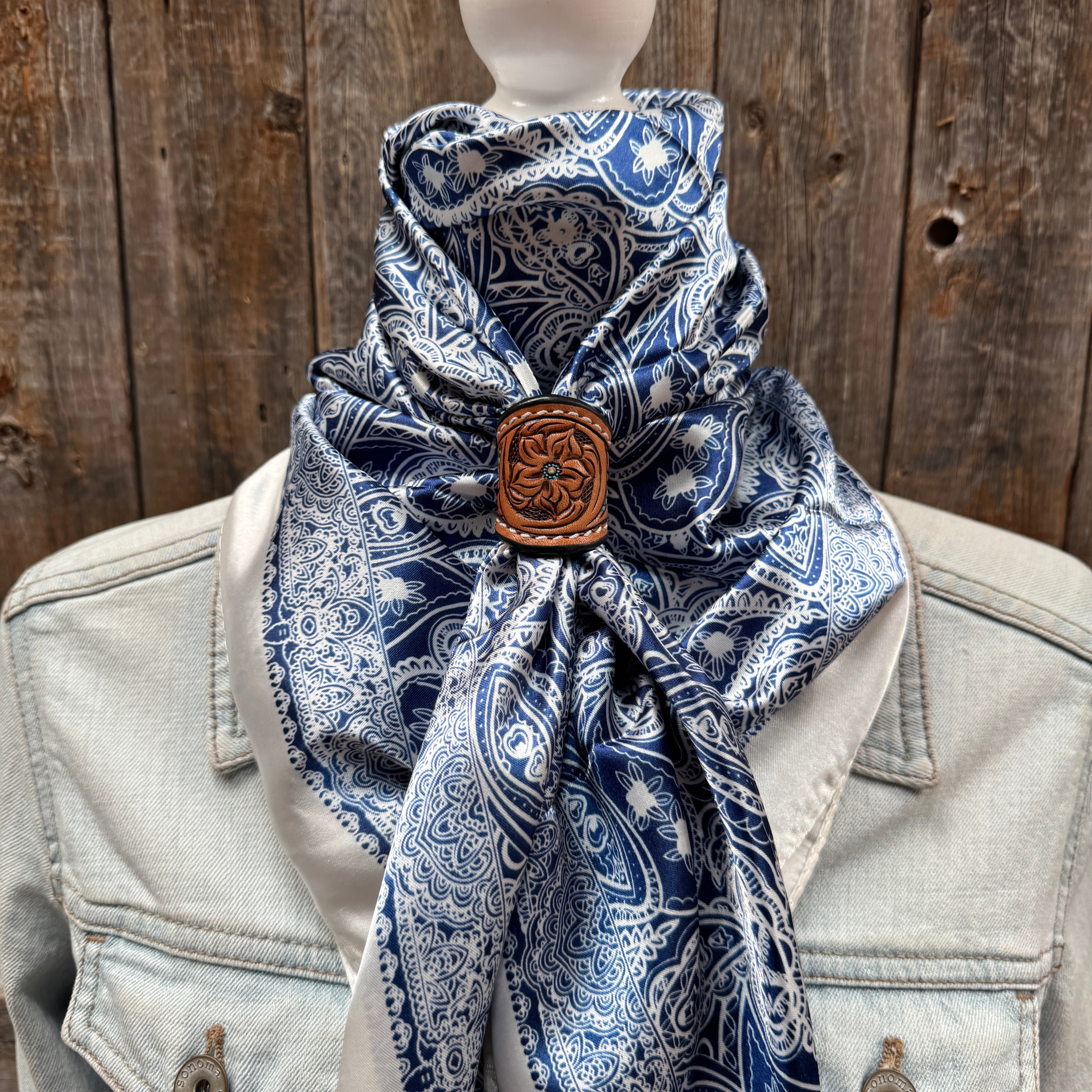 35X35" Blue & White Paisley Wild Rag / Scarf WR3403 - Tooled Leather Wild Rag Slides - Assorted