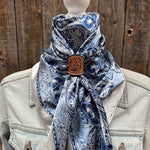 35X35" Blue & White Paisley Wild Rag / Scarf WR3403 - Tooled Leather Wild Rag Slides - Assorted