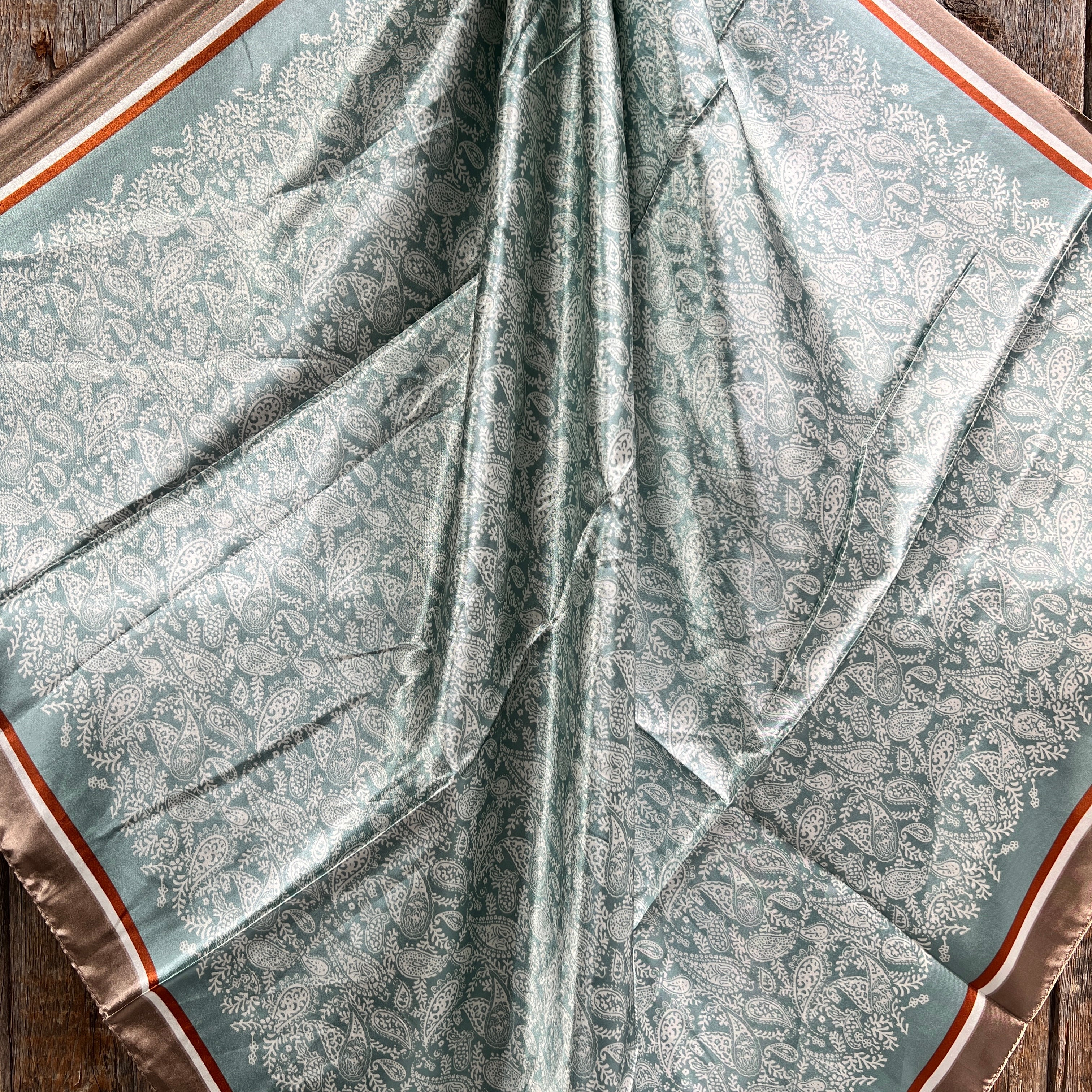 35X35" Seafoam & Cream Paisley Wild Rag / Scarf WR3410 - Tooled Leather Wild Rag Slides - Assorted