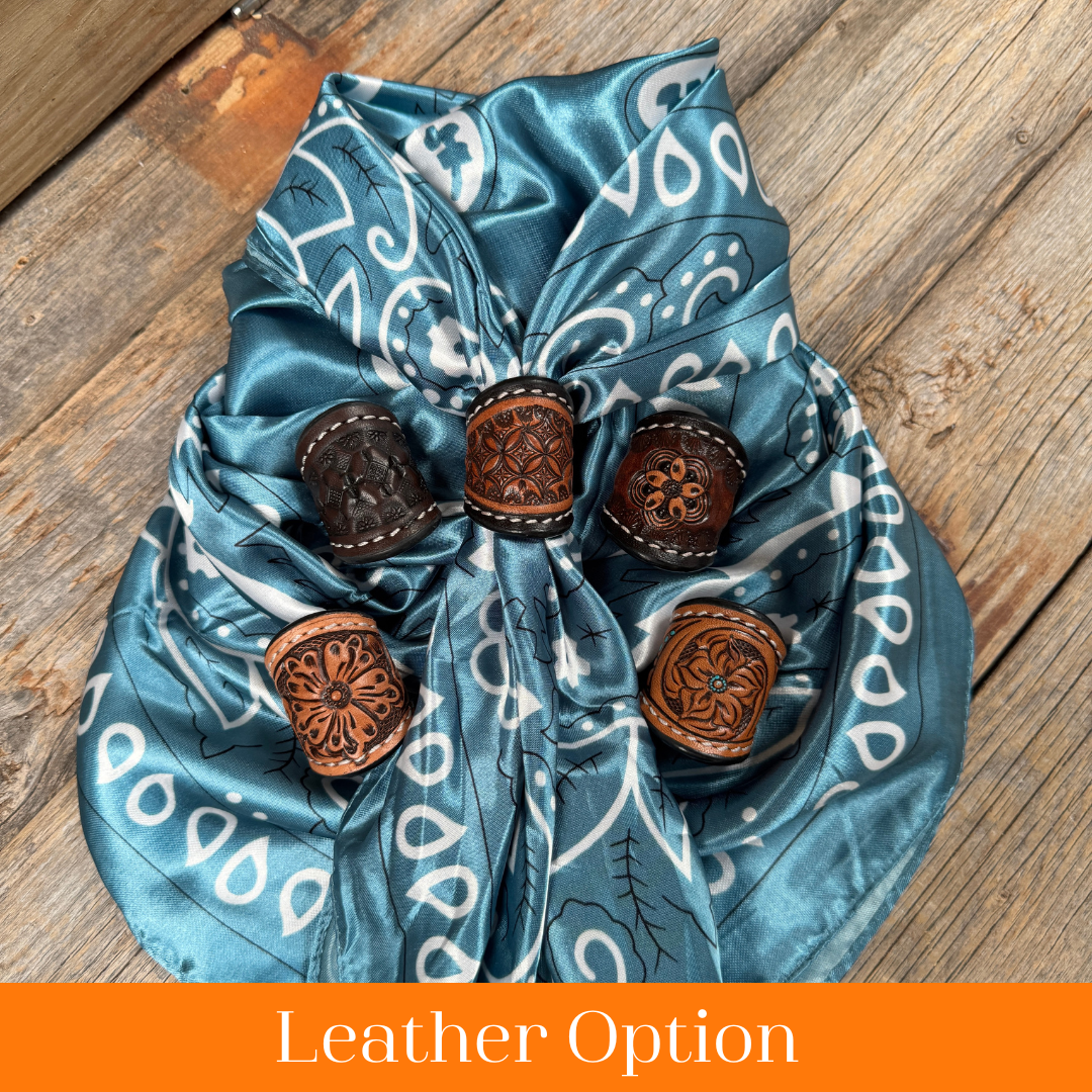 35X35" Blue & White Paisley Wild Rag / Scarf WR3414 - Tooled Leather Wild Rag Slides - Assorted