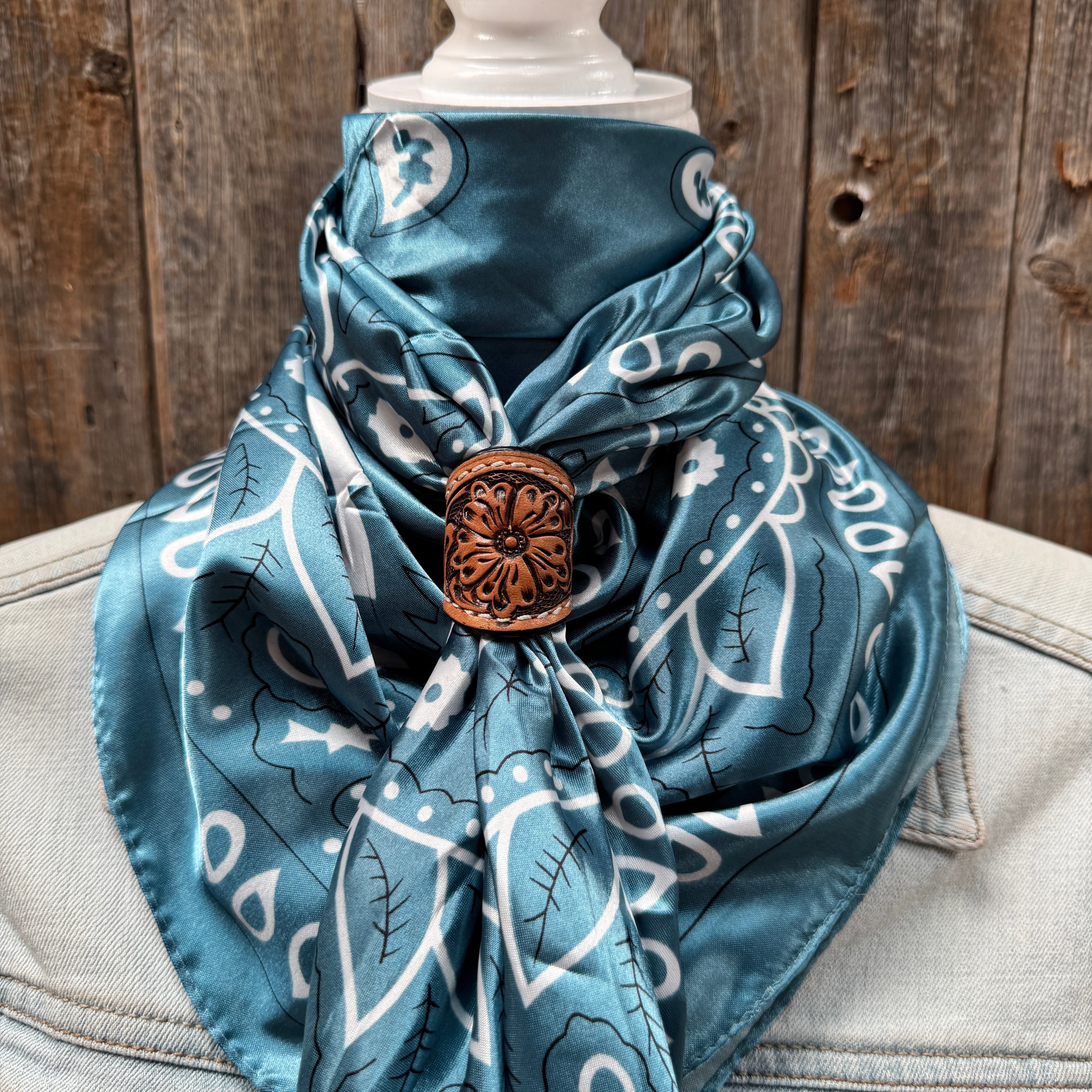 35X35" Blue & White Paisley Wild Rag / Scarf WR3414 - Tooled Leather Wild Rag Slides - Assorted