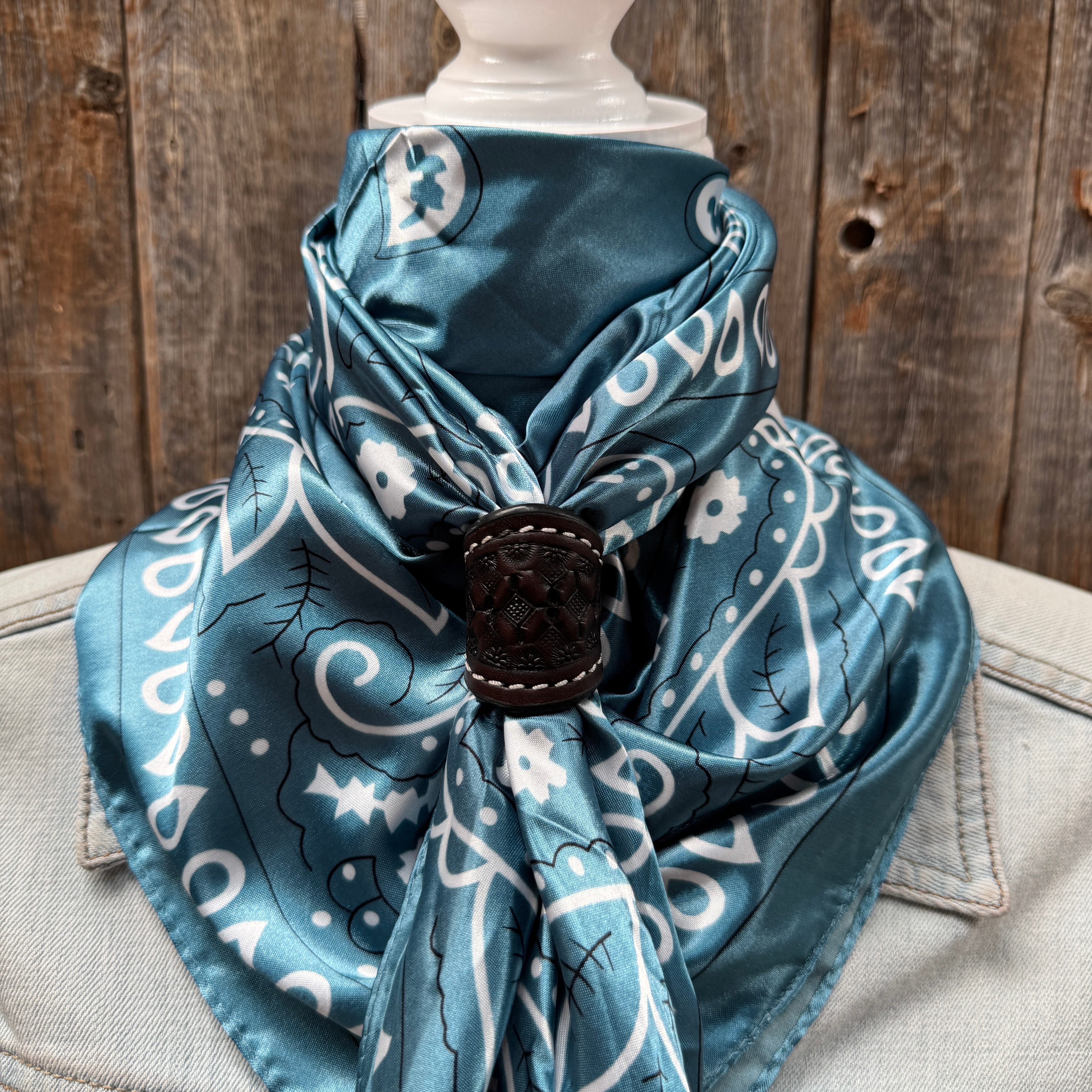 35X35" Blue & White Paisley Wild Rag / Scarf WR3414 - Tooled Leather Wild Rag Slides - Assorted