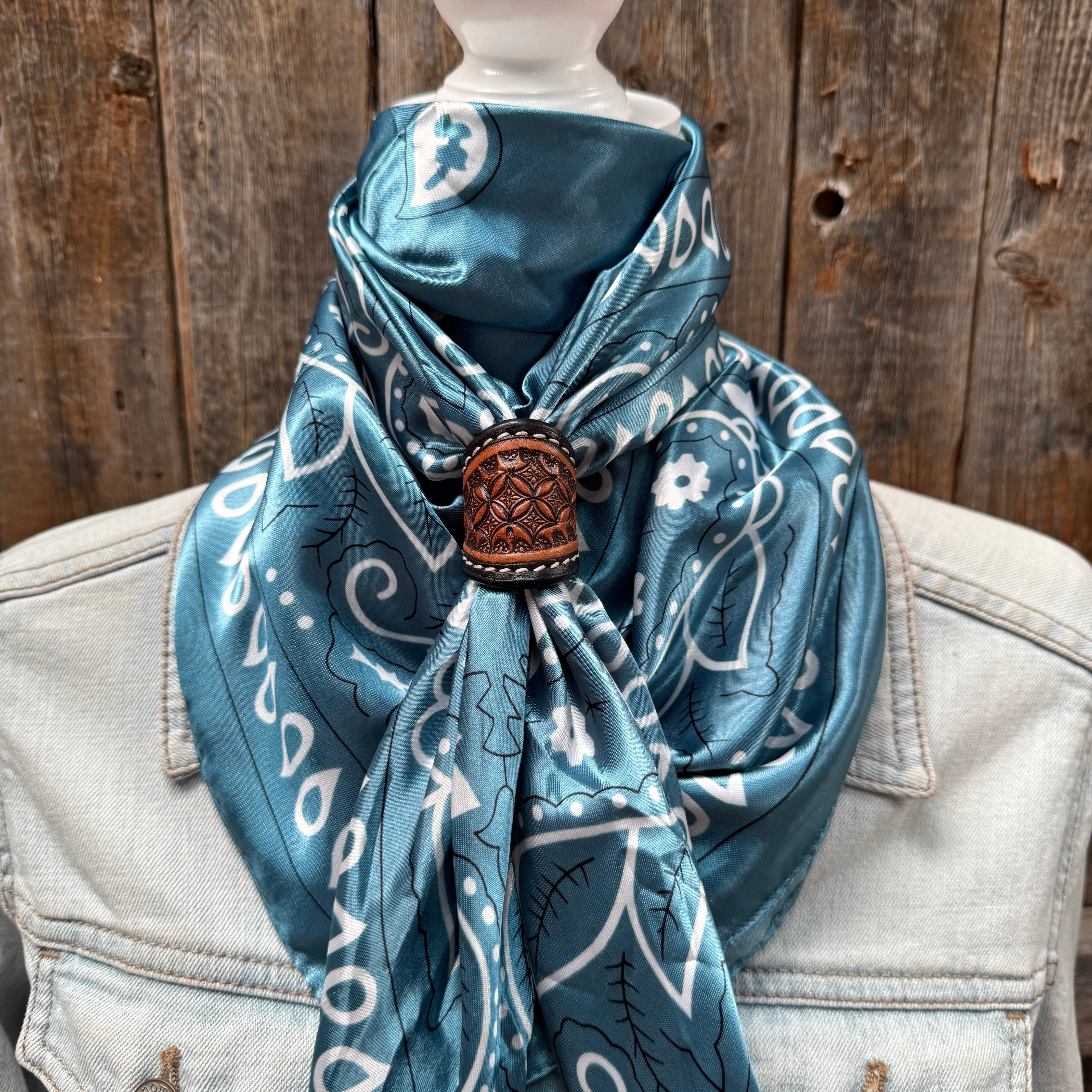 35X35" Blue & White Paisley Wild Rag / Scarf WR3414 - Tooled Leather Wild Rag Slides - Assorted