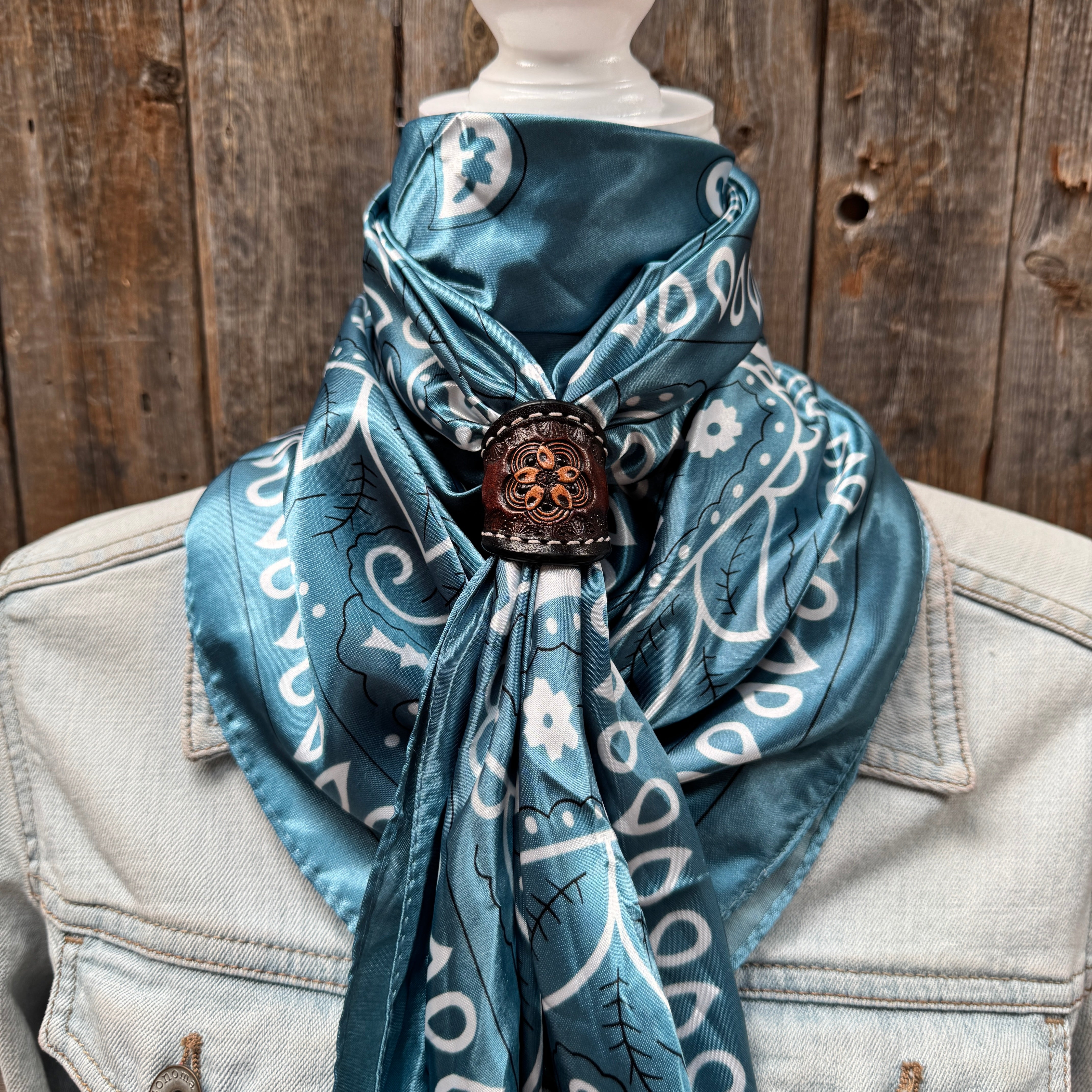 35X35" Blue & White Paisley Wild Rag / Scarf WR3414 - Tooled Leather Wild Rag Slides - Assorted