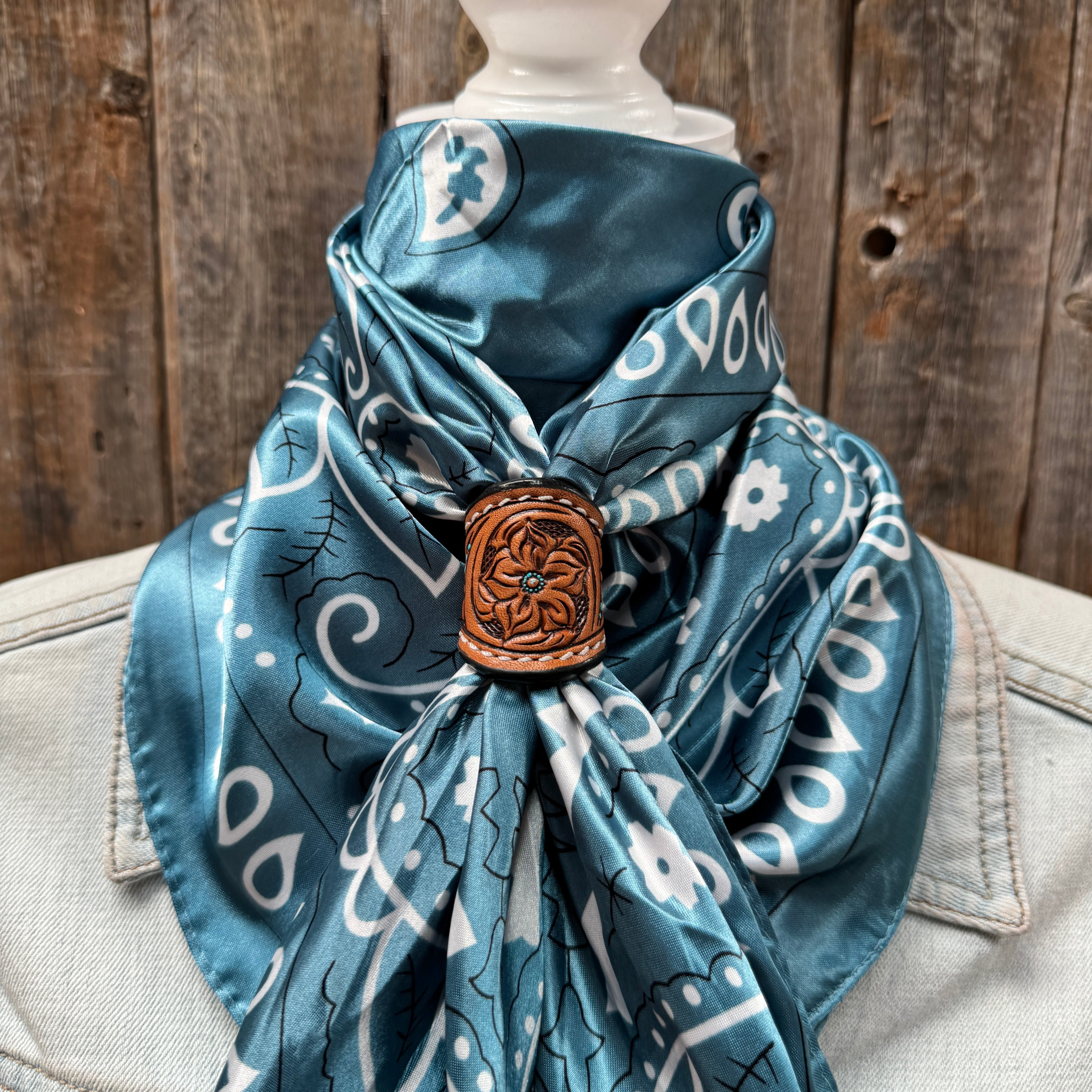 35X35" Blue & White Paisley Wild Rag / Scarf WR3414 - Tooled Leather Wild Rag Slides - Assorted