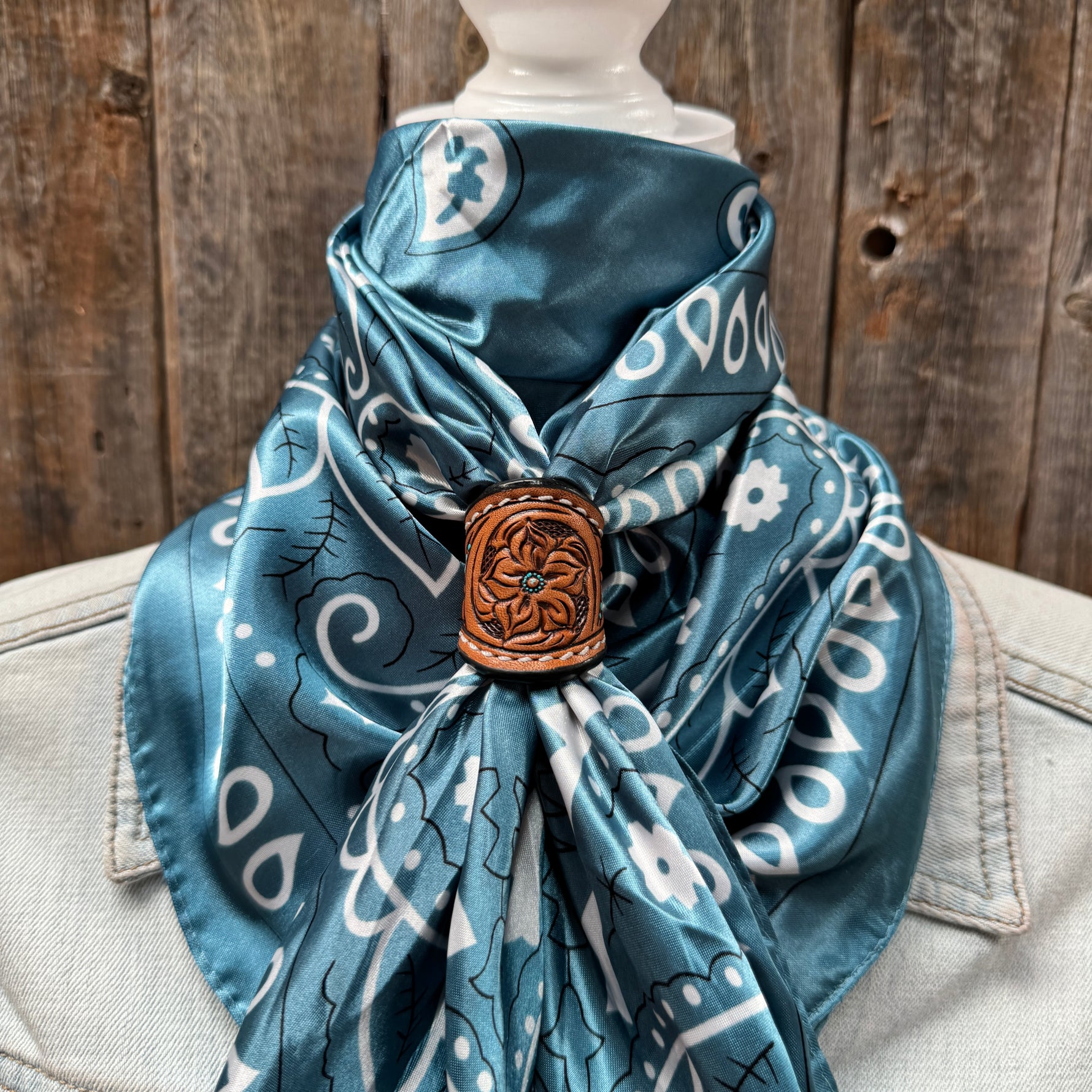 35X35" Blue & White Paisley Wild Rag / Scarf WR3414 - Tooled Leather Wild Rag Slides - Assorted