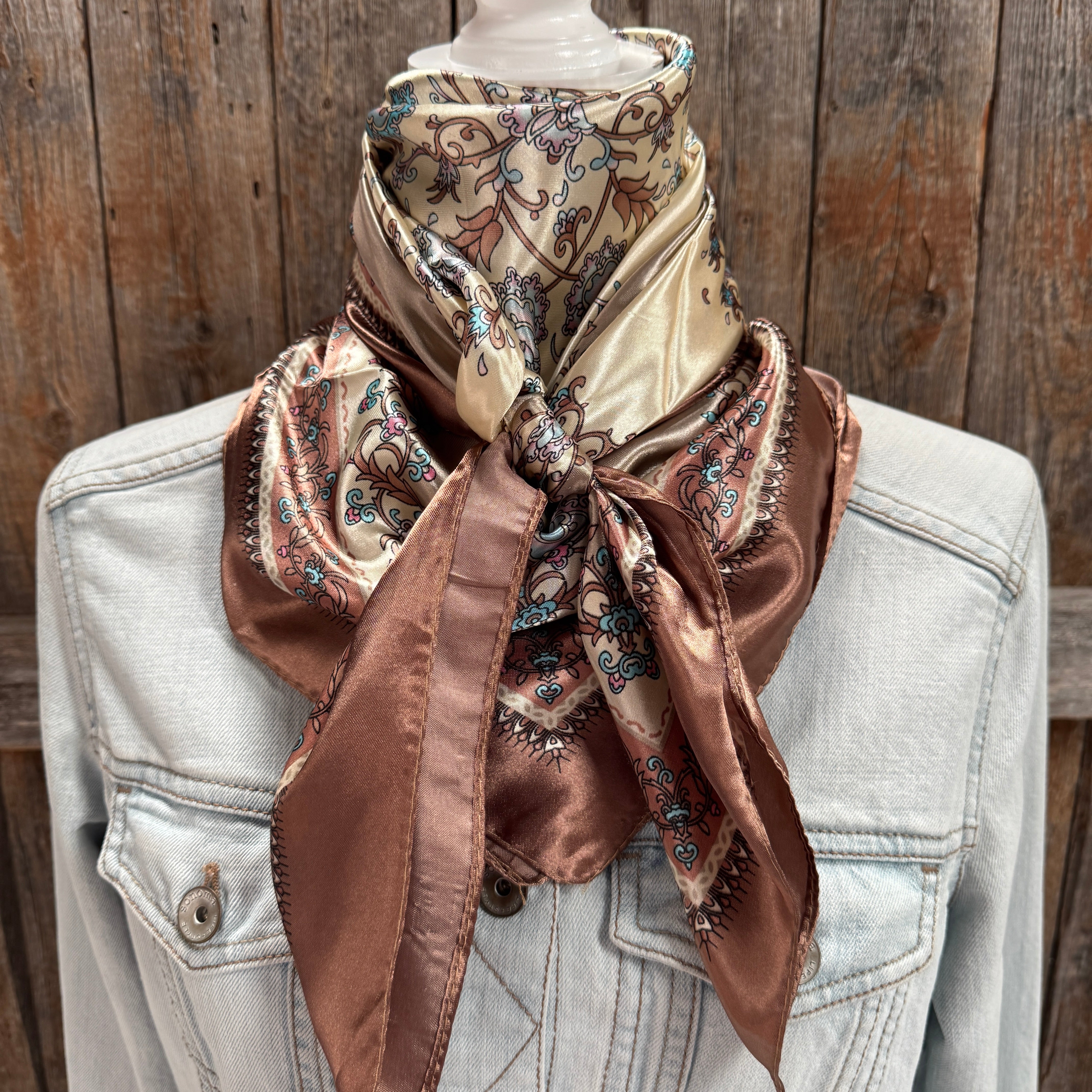 35X35" Brown and Aqua Floral Wild Rag / Scarf WR3444