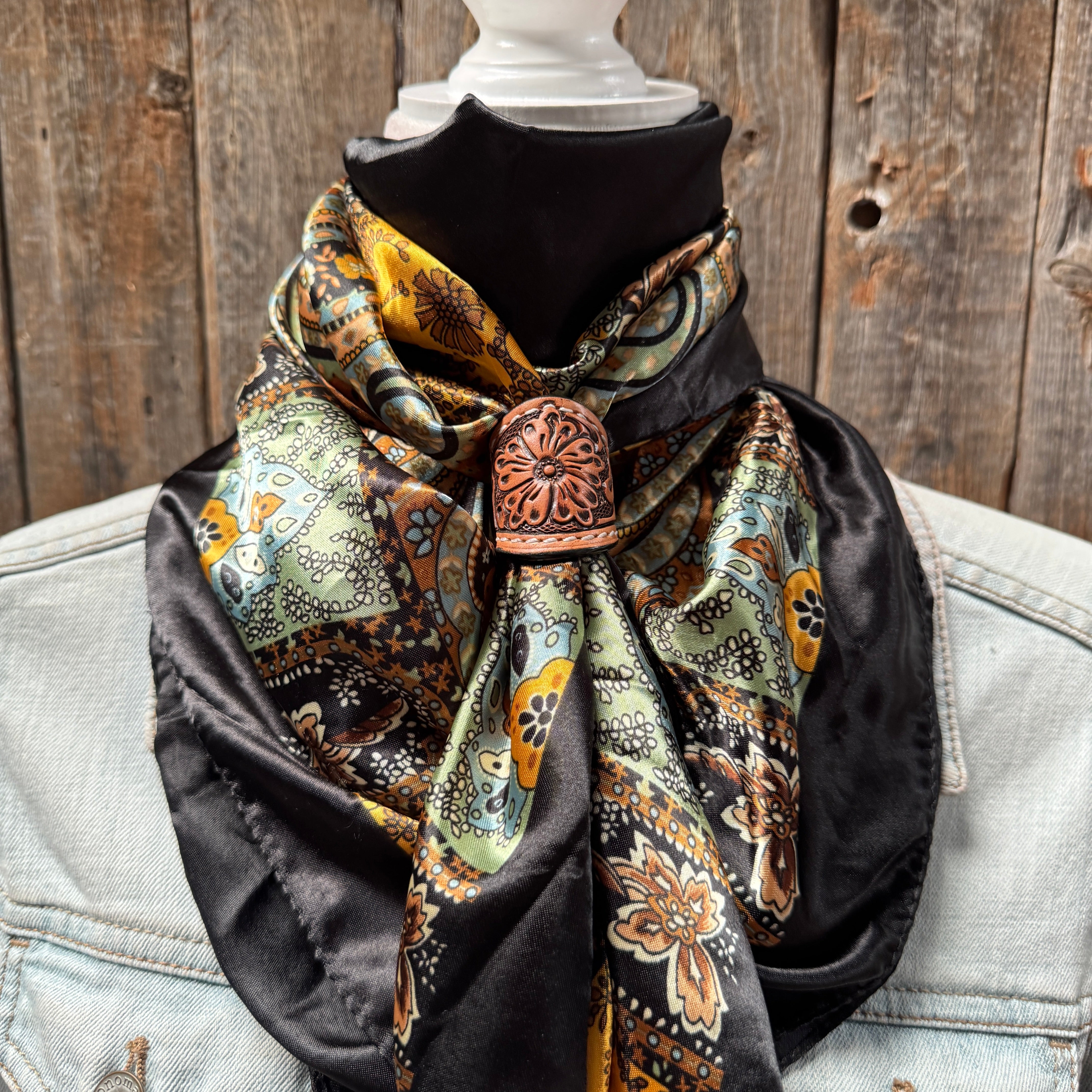 35X35" Golden Rod Paisley Wild Rag / Scarf WR3P - Tooled Leather Wild Rag Slides - Assorted