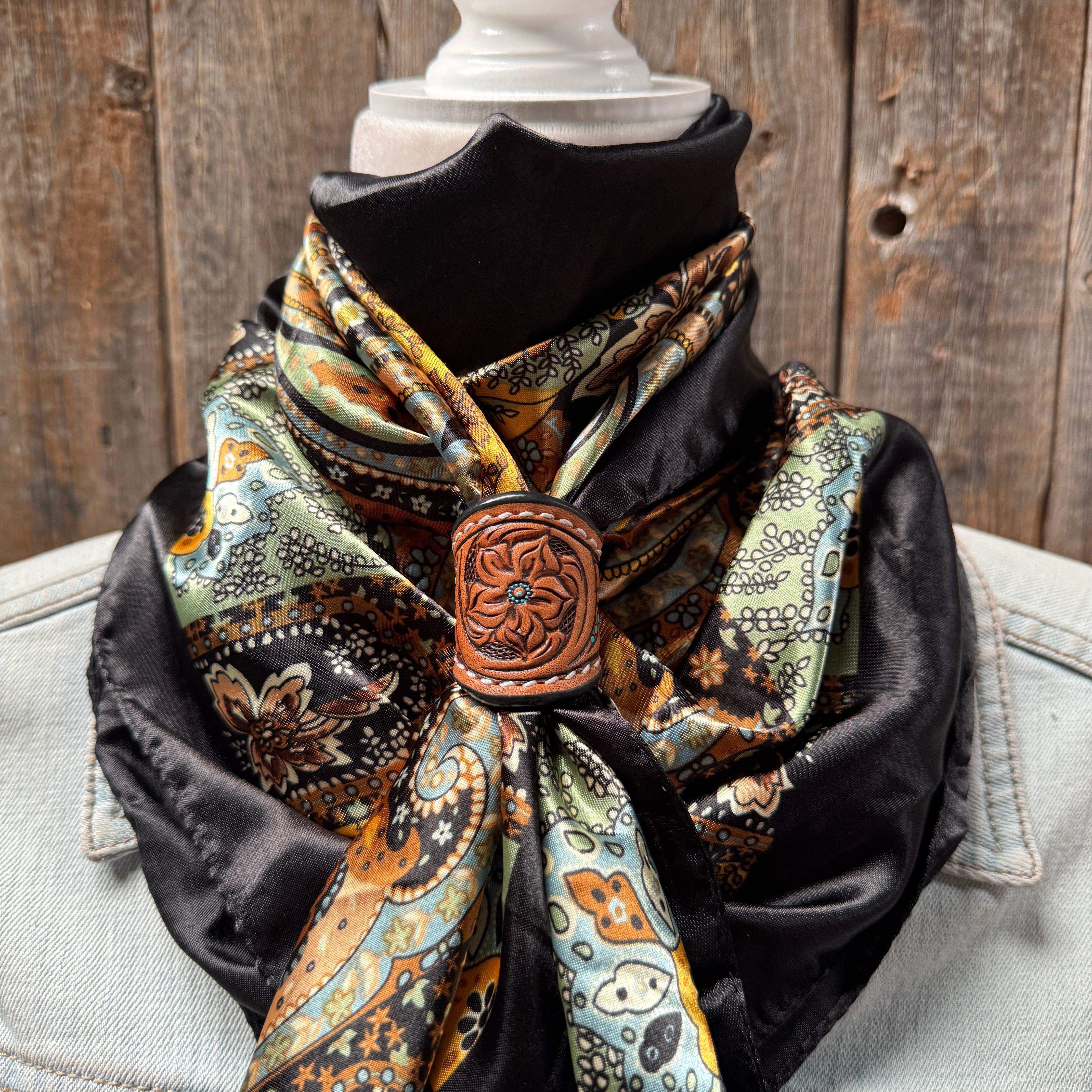 35X35" Golden Rod Paisley Wild Rag / Scarf WR3P - Tooled Leather Wild Rag Slides - Assorted