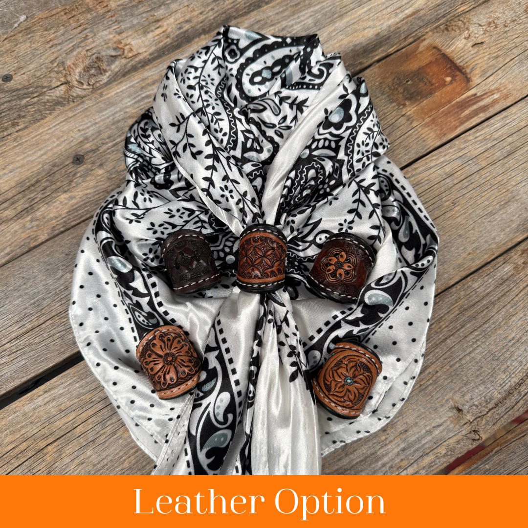 35X35" Black/White Polka Dot & Paisley Wild Rag / Scarf WR444 - Tooled Leather Wild Rag Slides - Assorted