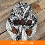 35X35" Black/White Polka Dot & Paisley Wild Rag / Scarf WR444 - Tooled Leather Wild Rag Slides - Assorted