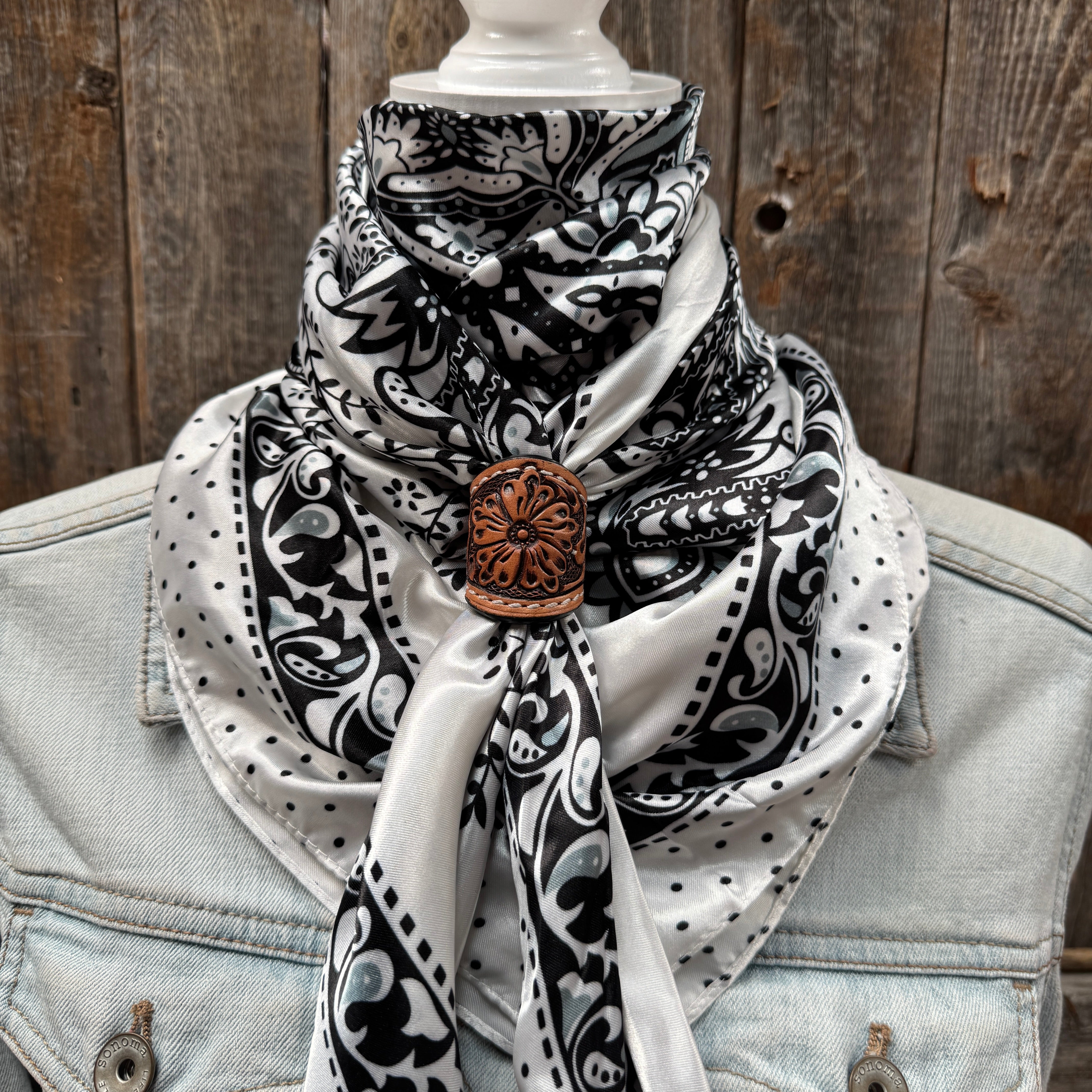 35X35" Black/White Polka Dot & Paisley Wild Rag / Scarf WR444 - Tooled Leather Wild Rag Slides - Assorted