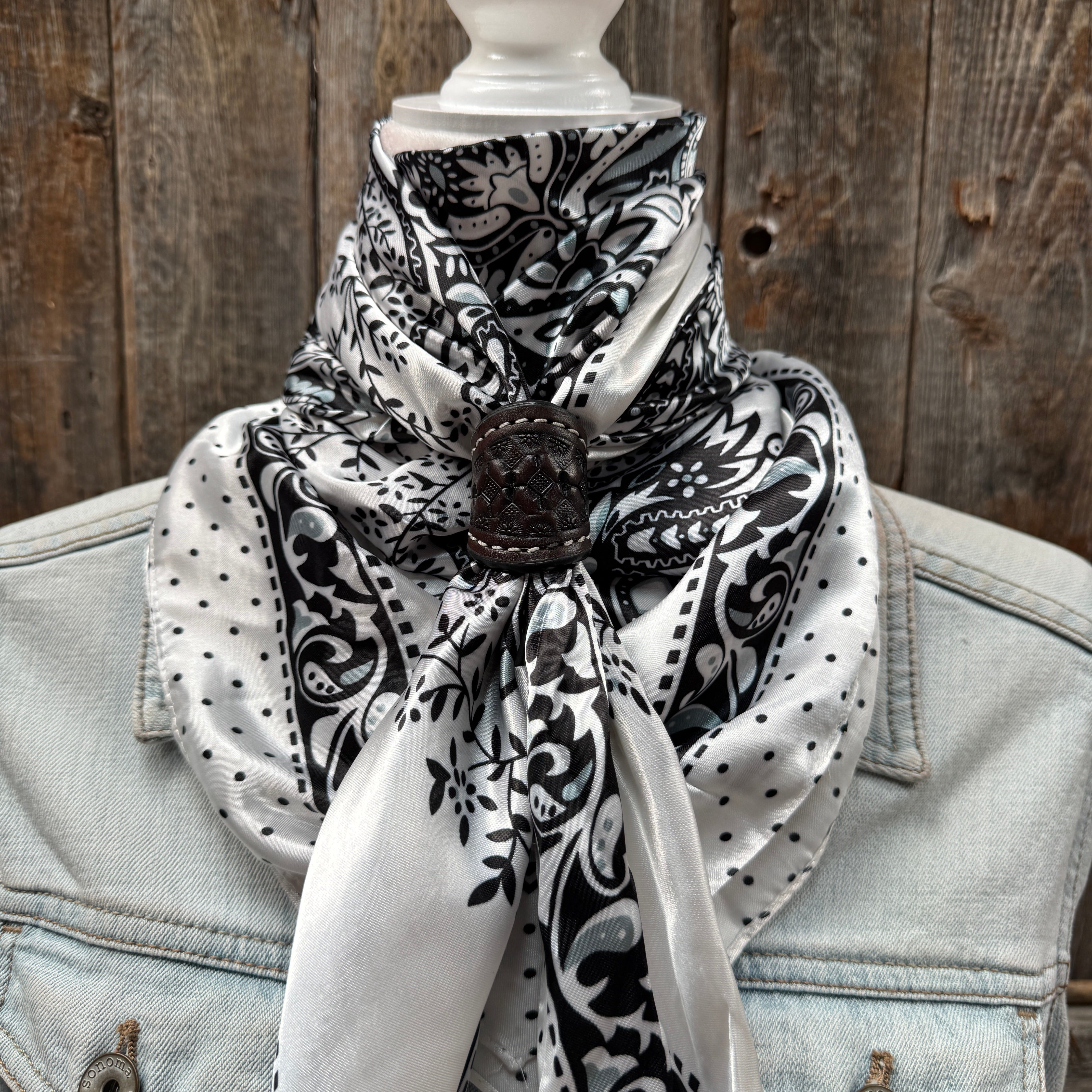 35X35" Black/White Polka Dot & Paisley Wild Rag / Scarf WR444 - Tooled Leather Wild Rag Slides - Assorted