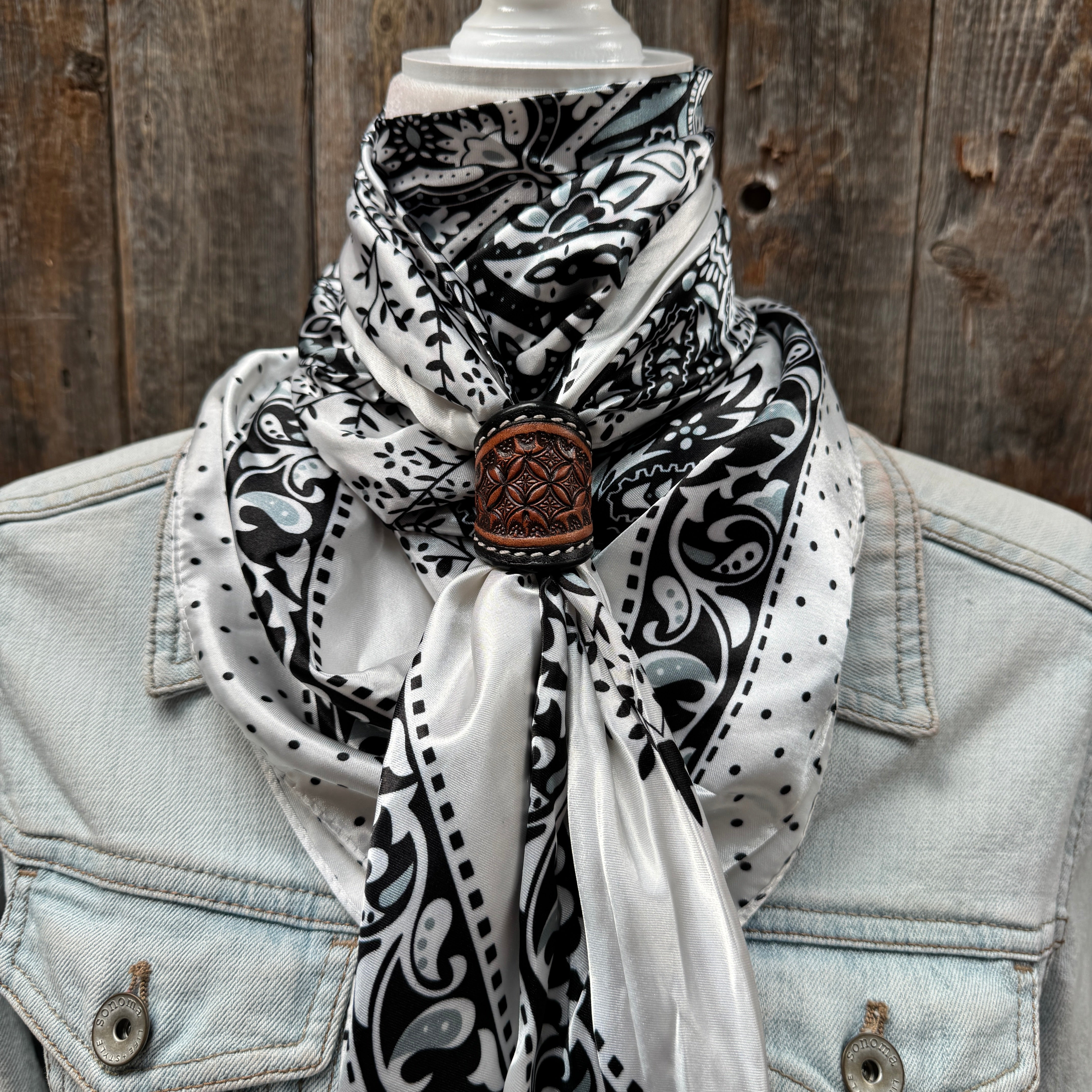 35X35" Black/White Polka Dot & Paisley Wild Rag / Scarf WR444 - Tooled Leather Wild Rag Slides - Assorted