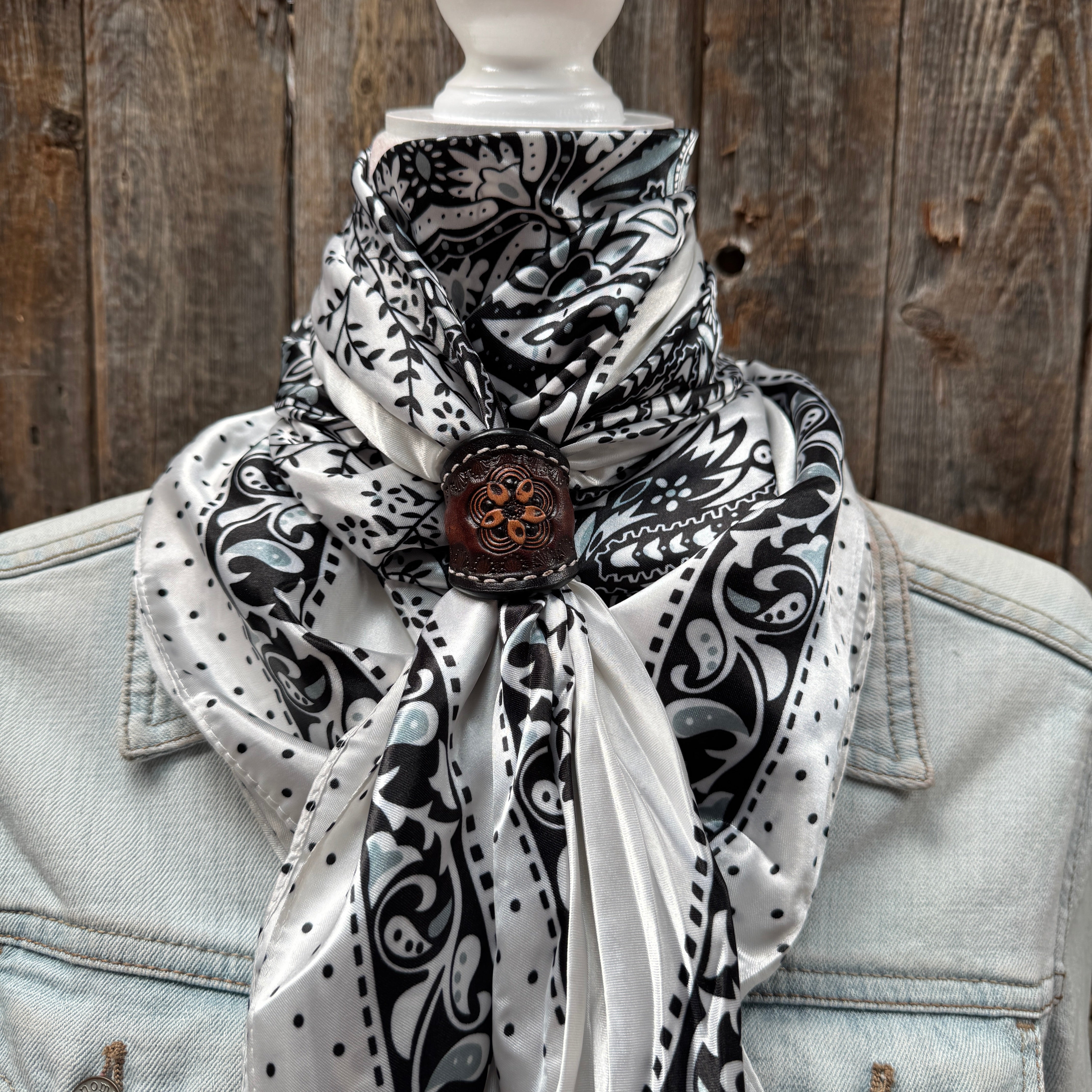 35X35" Black/White Polka Dot & Paisley Wild Rag / Scarf WR444 - Tooled Leather Wild Rag Slides - Assorted