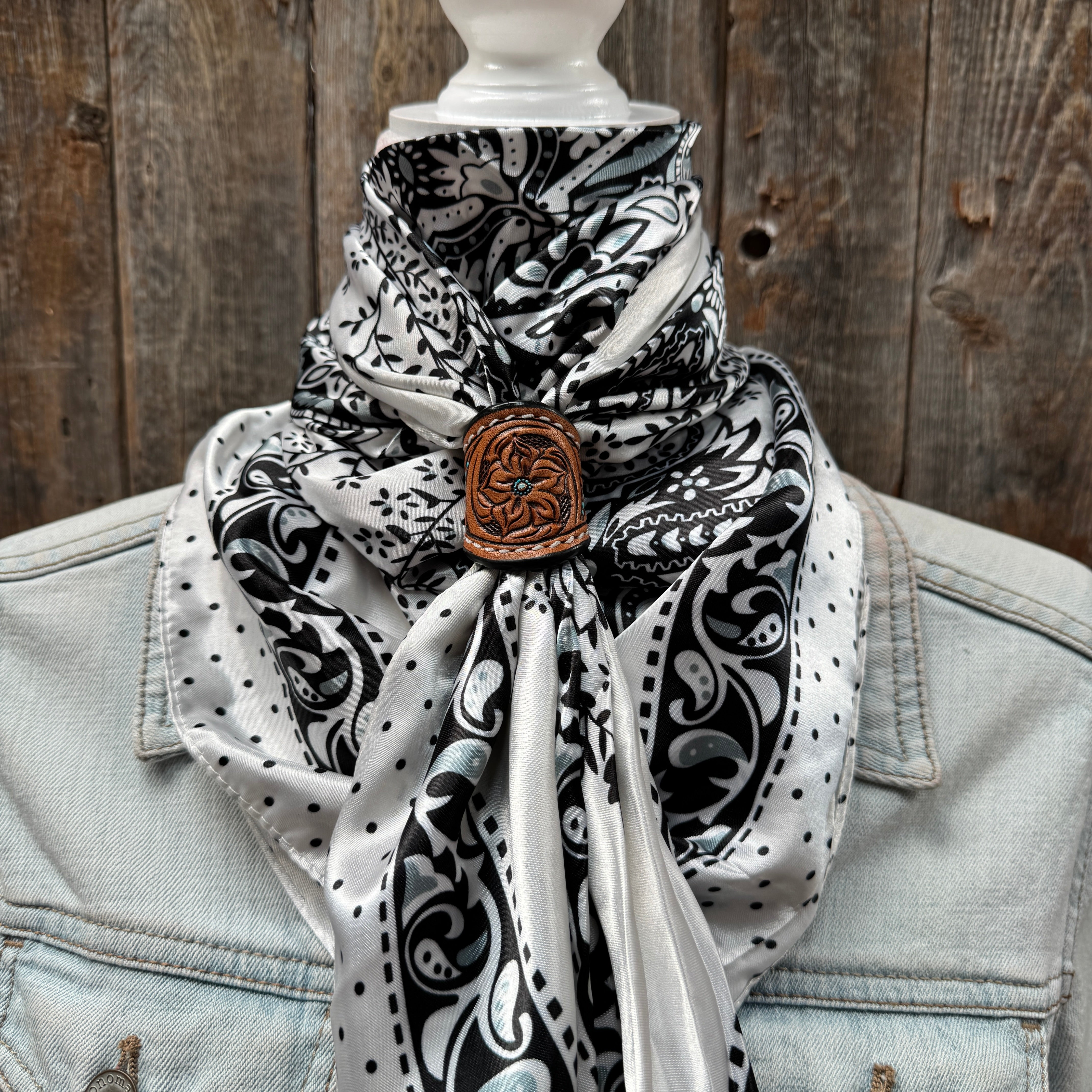 35X35" Black/White Polka Dot & Paisley Wild Rag / Scarf WR444 - Tooled Leather Wild Rag Slides - Assorted
